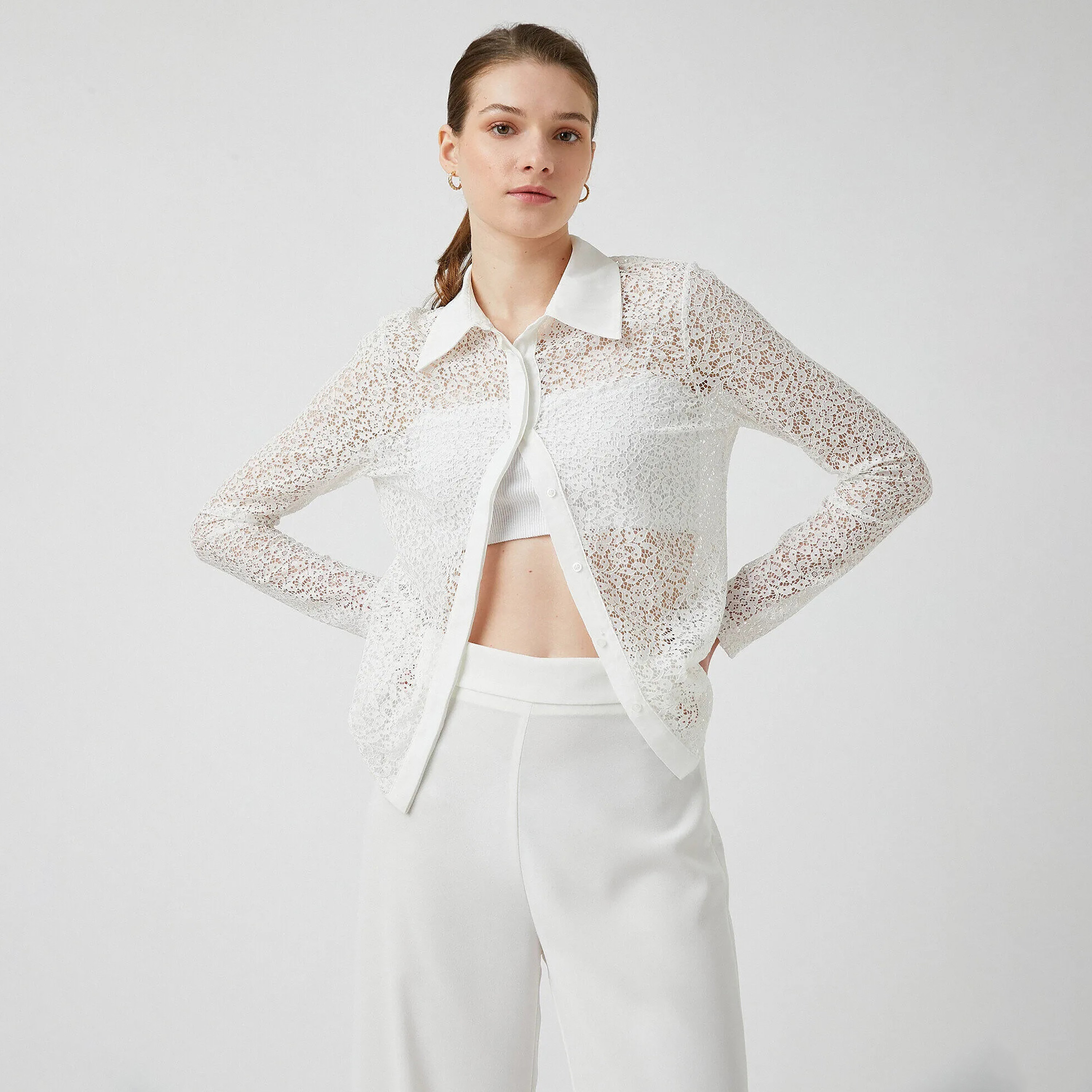 KOTON White Floral Lace Collared Women's Shirt-women-clothing-shirtsandblouses-shirts-image-4