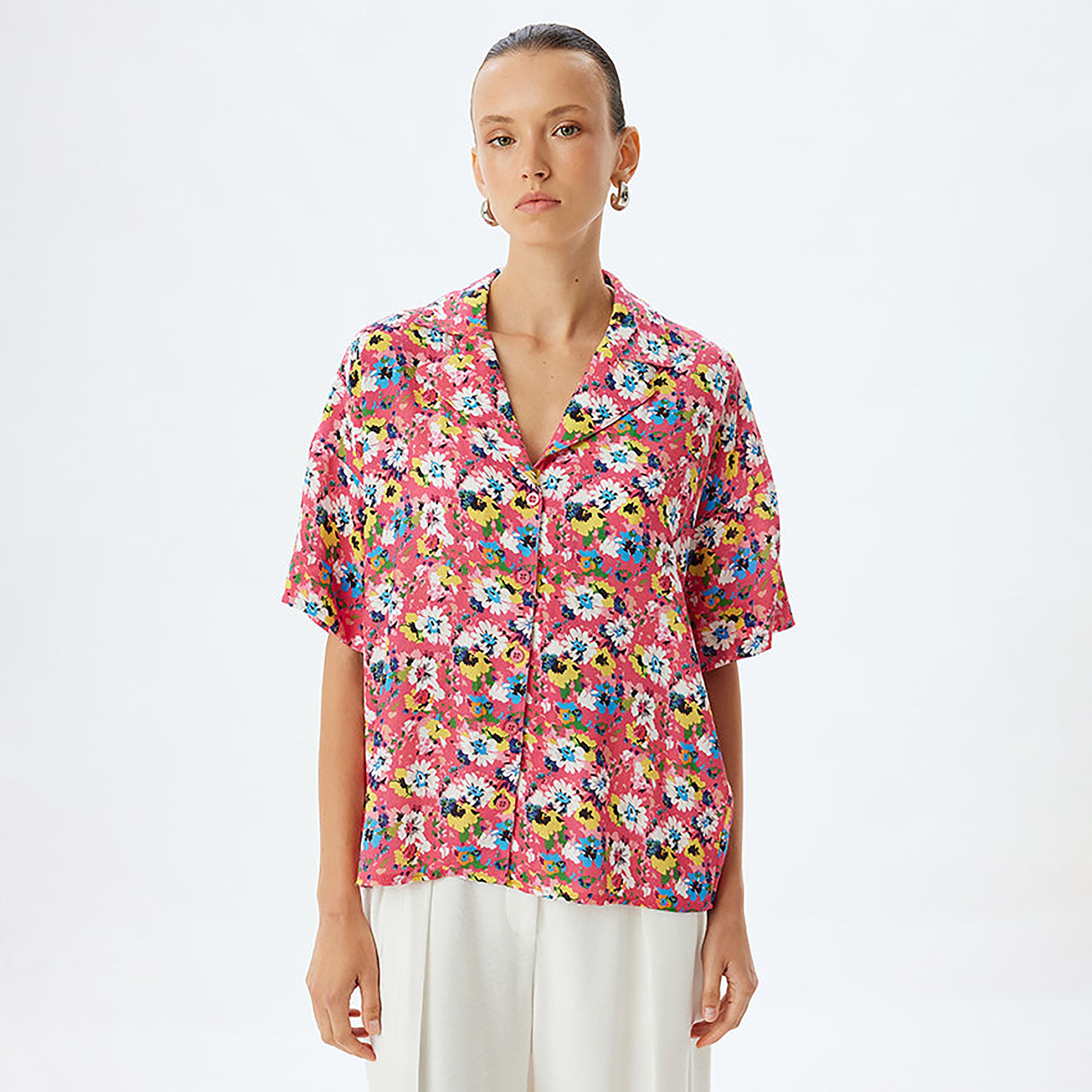 KOTON Pink Floral Print Notched Collar Dropped Sleeves Women's Shirt-women-clothing-shirtsandblouses-shirts-image-1
