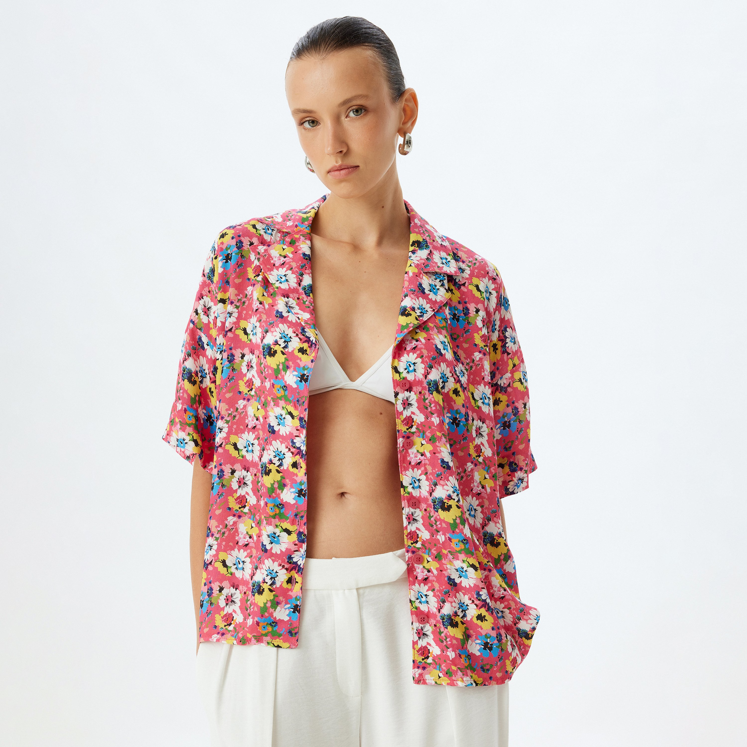 KOTON Pink Floral Print Notched Collar Dropped Sleeves Women's Shirt-women-clothing-shirtsandblouses-shirts-image-2