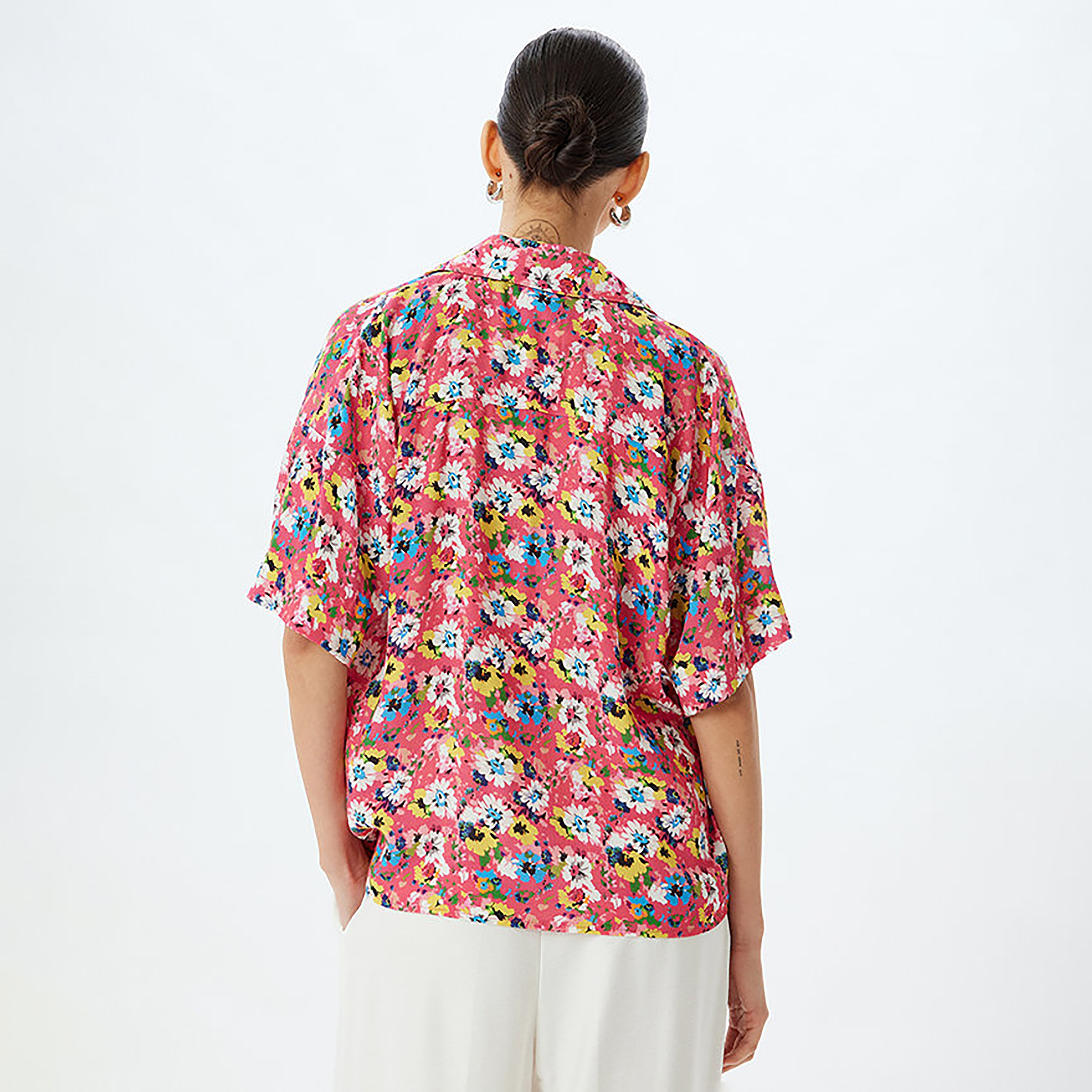 KOTON Pink Floral Print Notched Collar Dropped Sleeves Women's Shirt-women-clothing-shirtsandblouses-shirts-image-3