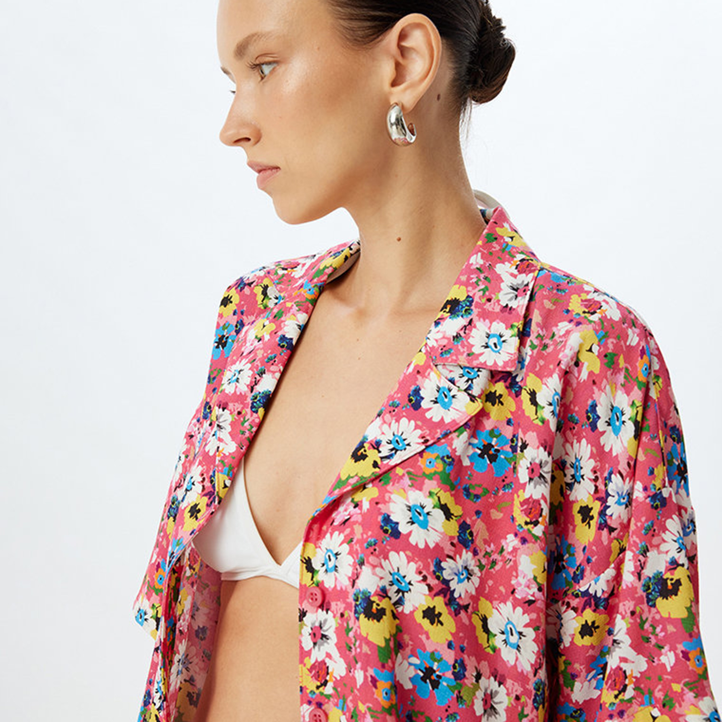 KOTON Pink Floral Print Notched Collar Dropped Sleeves Women's Shirt-women-clothing-shirtsandblouses-shirts-image-4