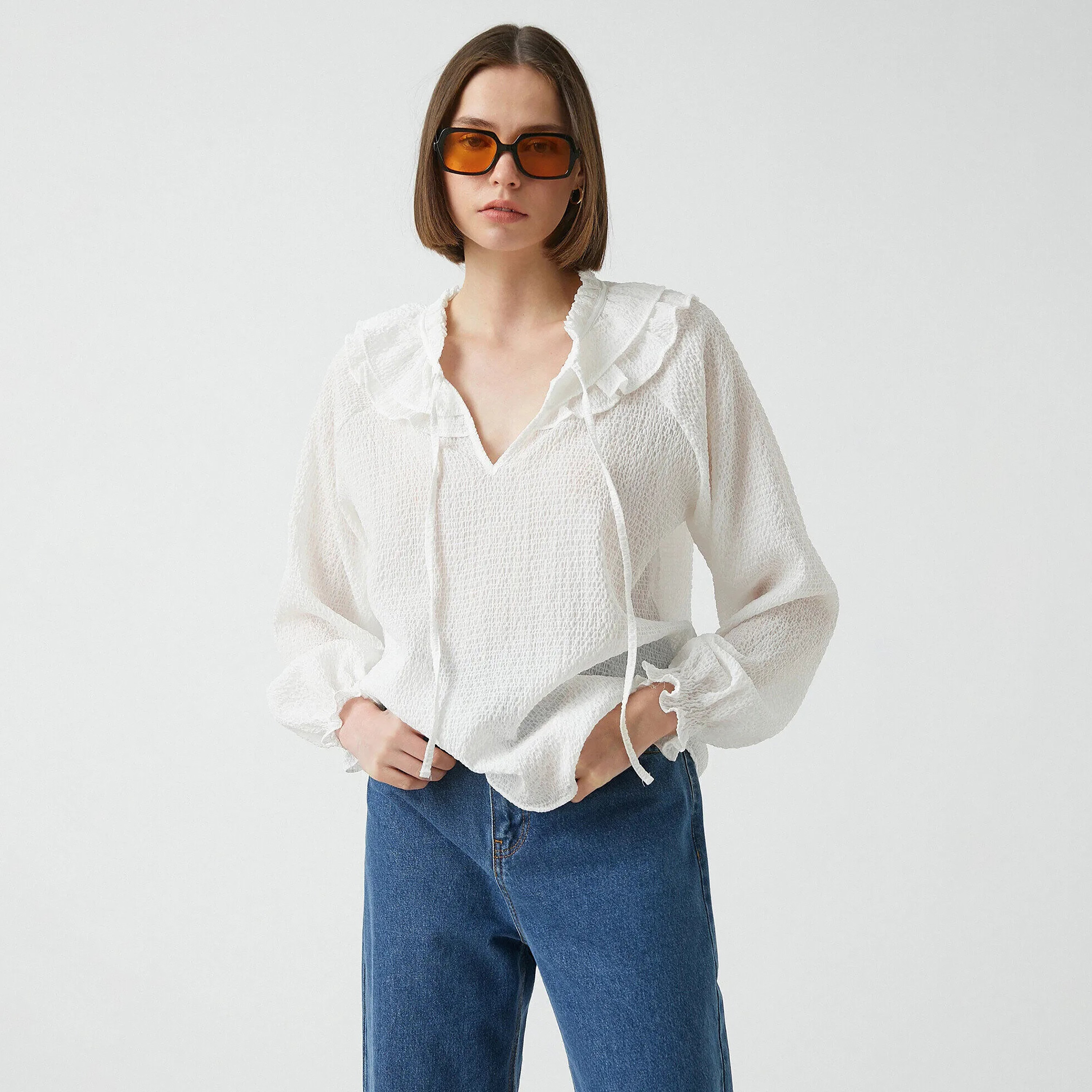 KOTON White Textured Tie-Up Neck Raglan Sleeves Women's Top-women-clothing-plussize-shirtsandblouses-blouses-image-1