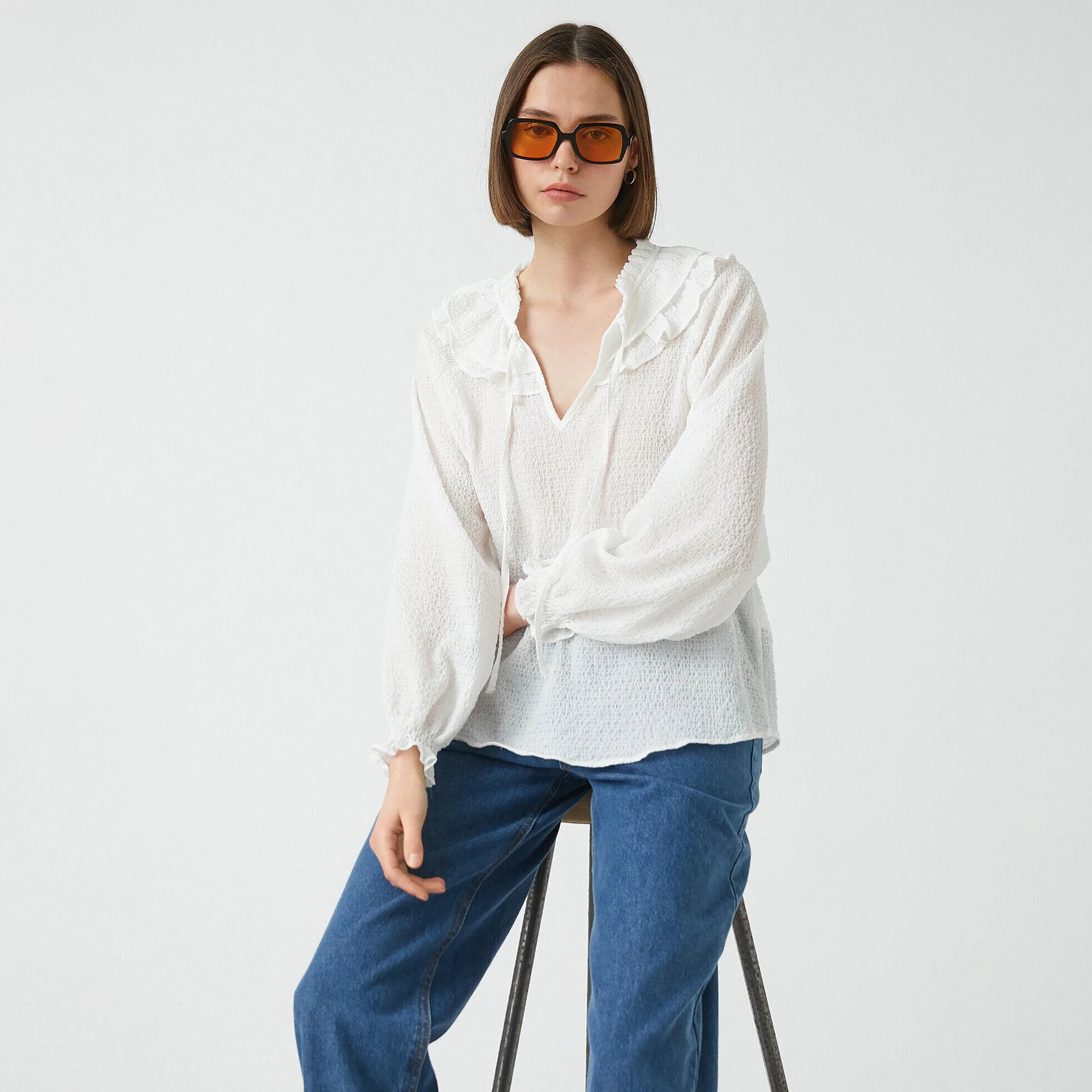KOTON White Textured Tie-Up Neck Raglan Sleeves Women's Top-women-clothing-plussize-shirtsandblouses-blouses-image-2