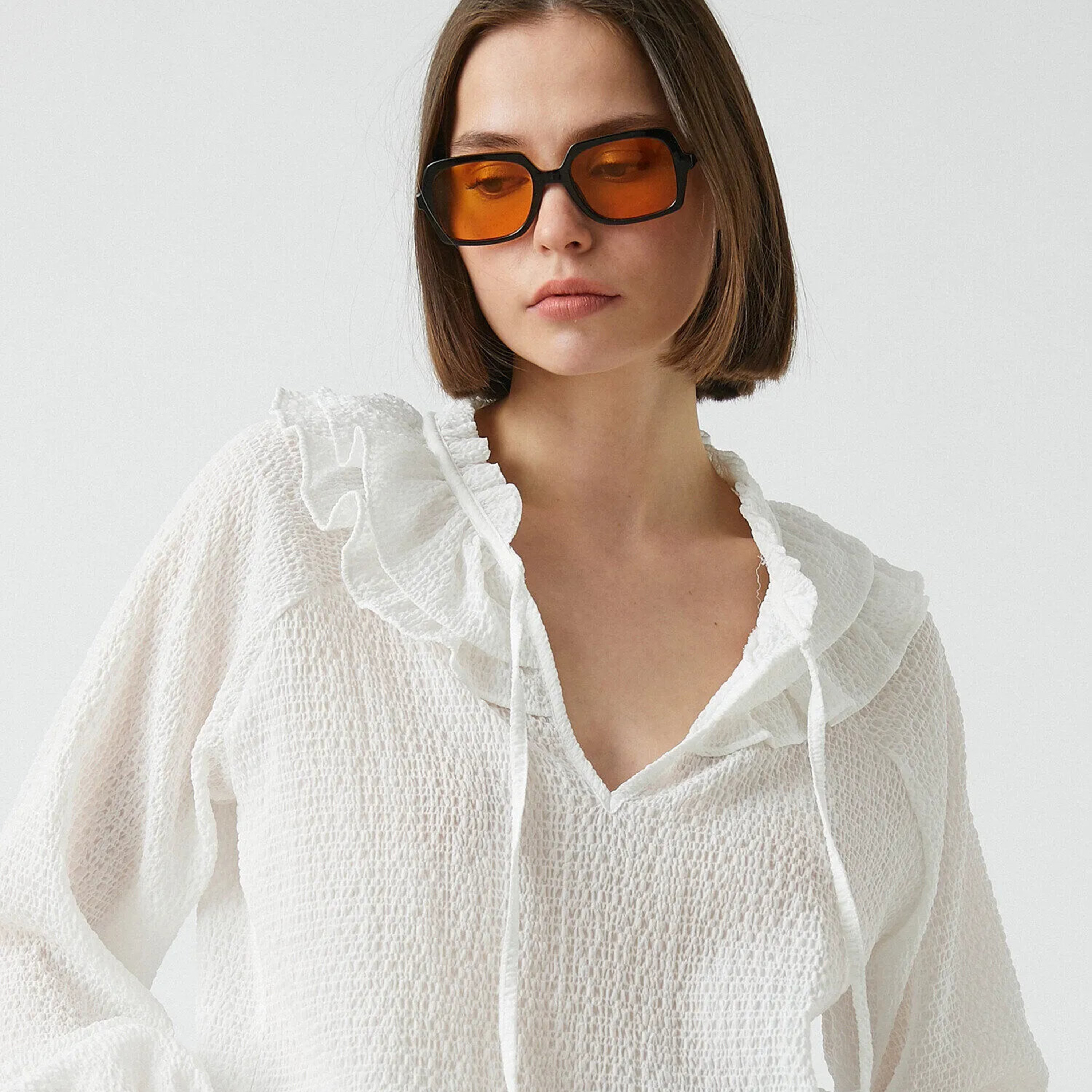 KOTON White Textured Tie-Up Neck Raglan Sleeves Women's Top-women-clothing-plussize-shirtsandblouses-blouses-image-4