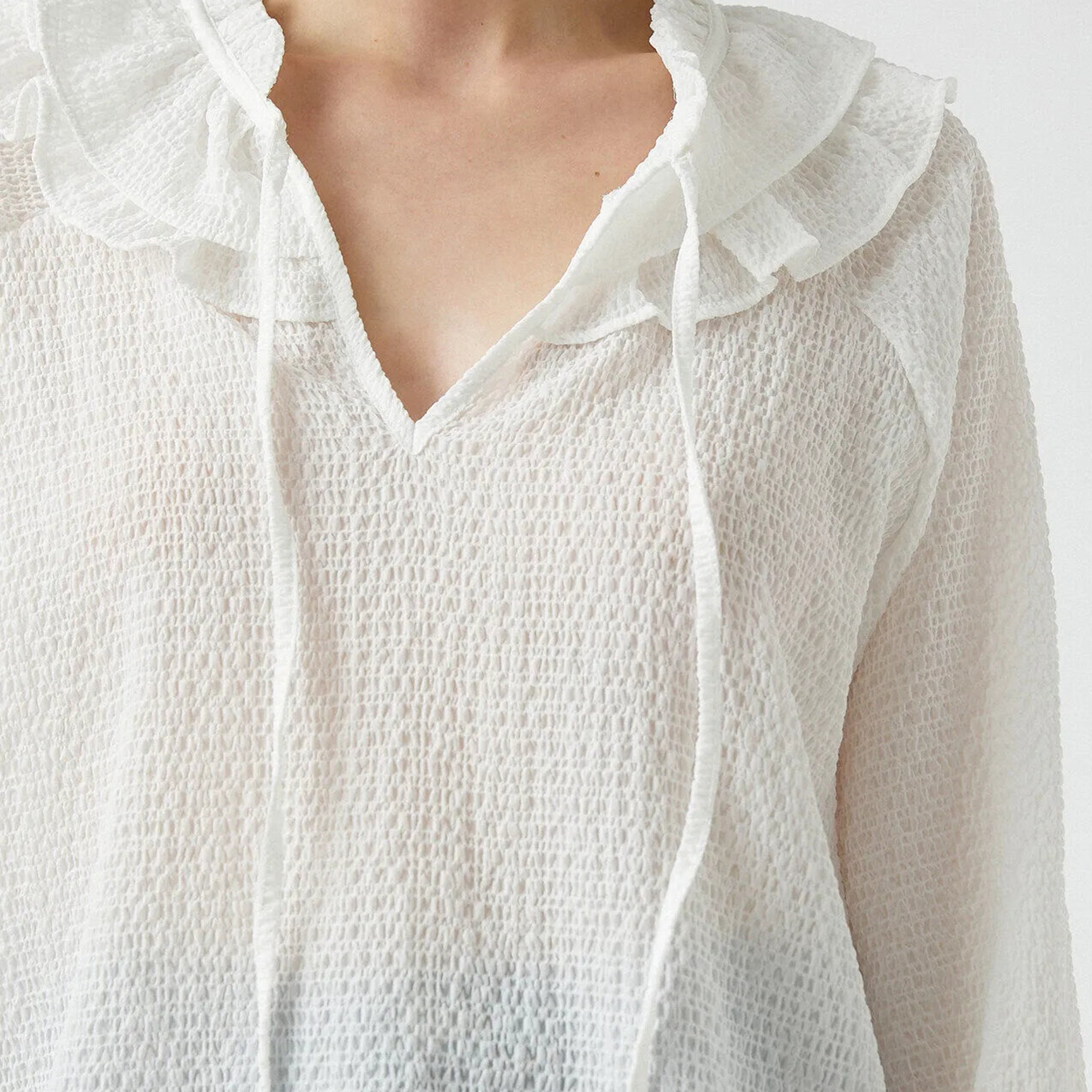 KOTON White Textured Tie-Up Neck Raglan Sleeves Women's Top-women-clothing-plussize-shirtsandblouses-blouses-image-5