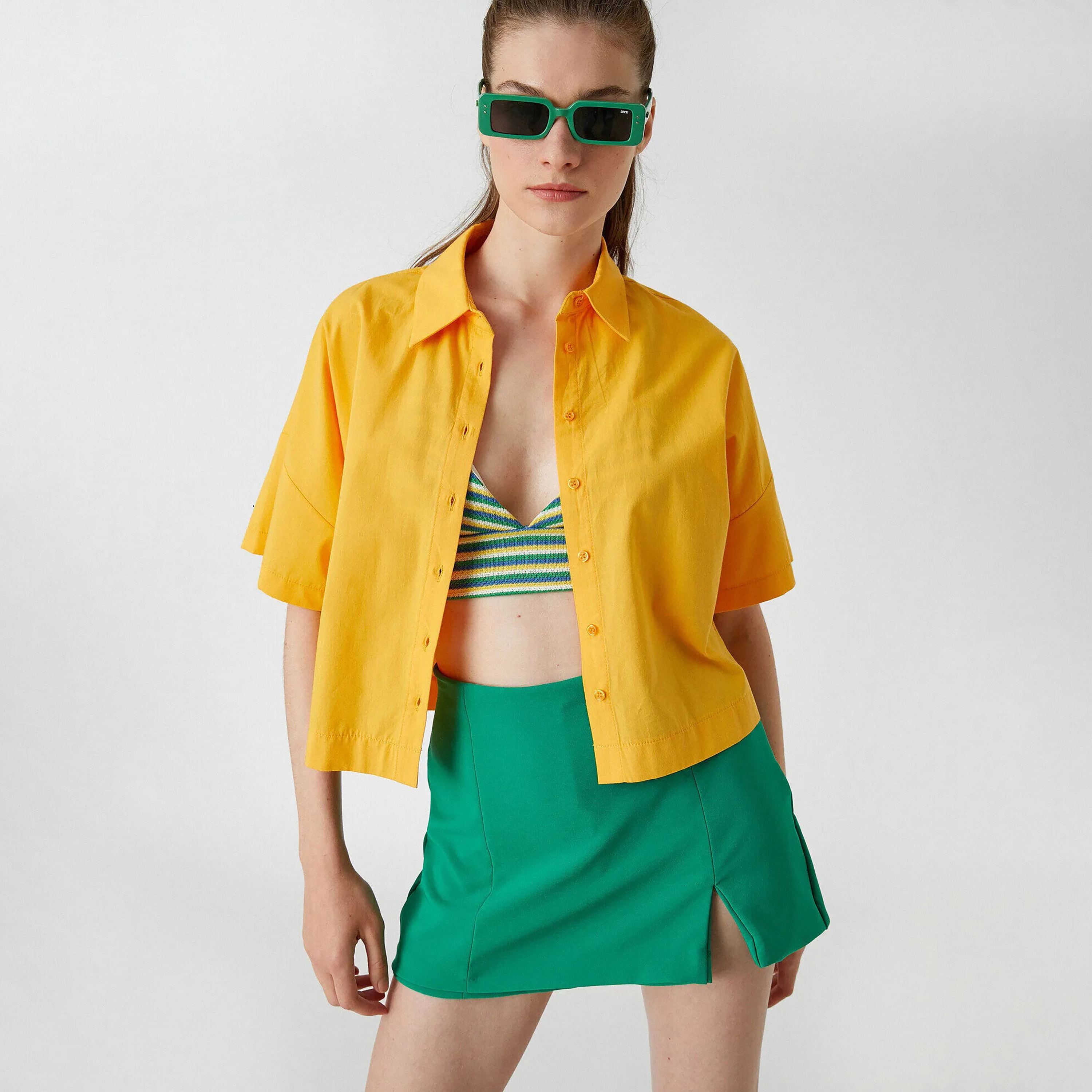 قميص قطن بأكتاف ممتدة وياقة باللون الأصفر للنساء من كوتون-women-clothing-shirtsandblouses-shirts-image-1