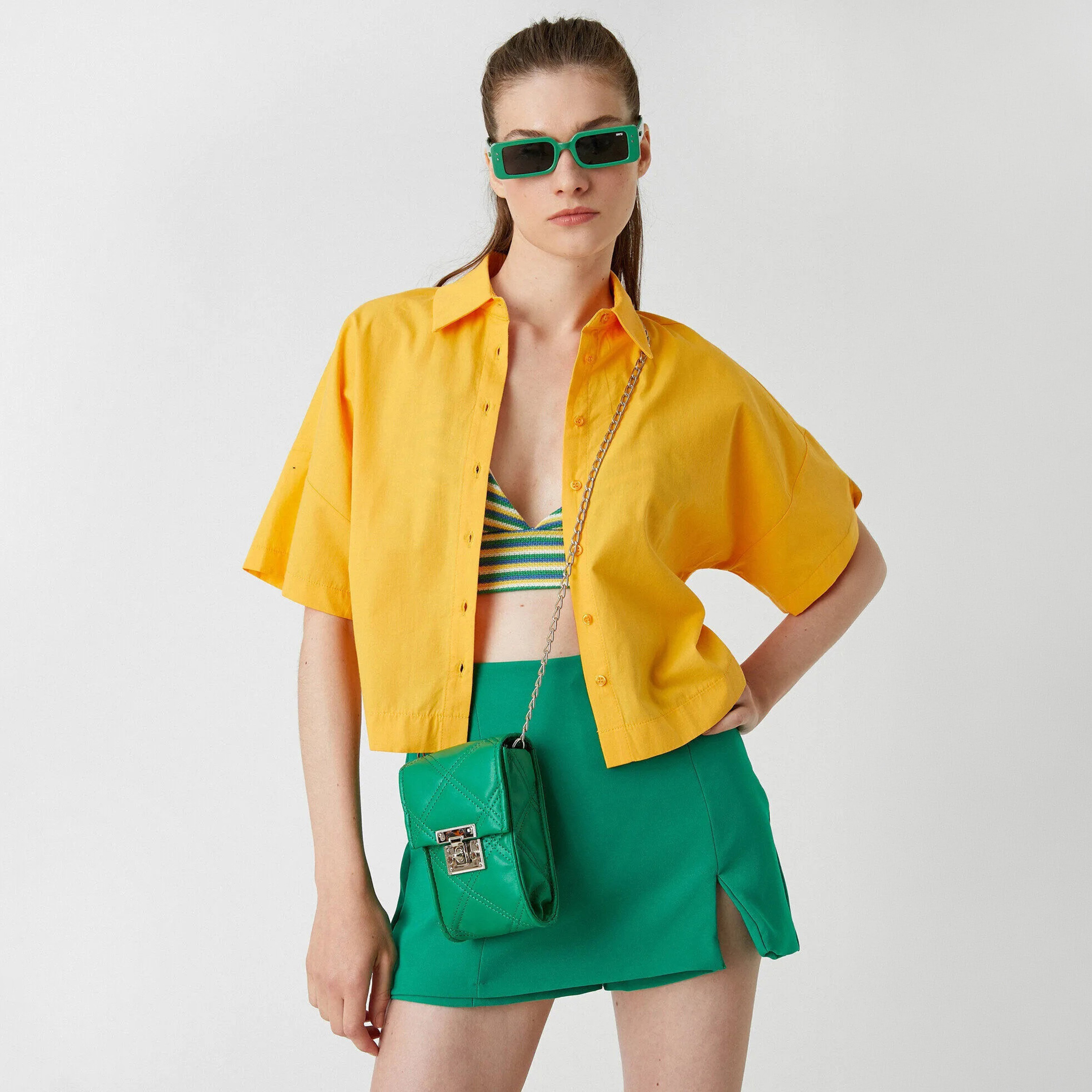 قميص قطن بأكتاف ممتدة وياقة باللون الأصفر للنساء من كوتون-women-clothing-shirtsandblouses-shirts-image-2