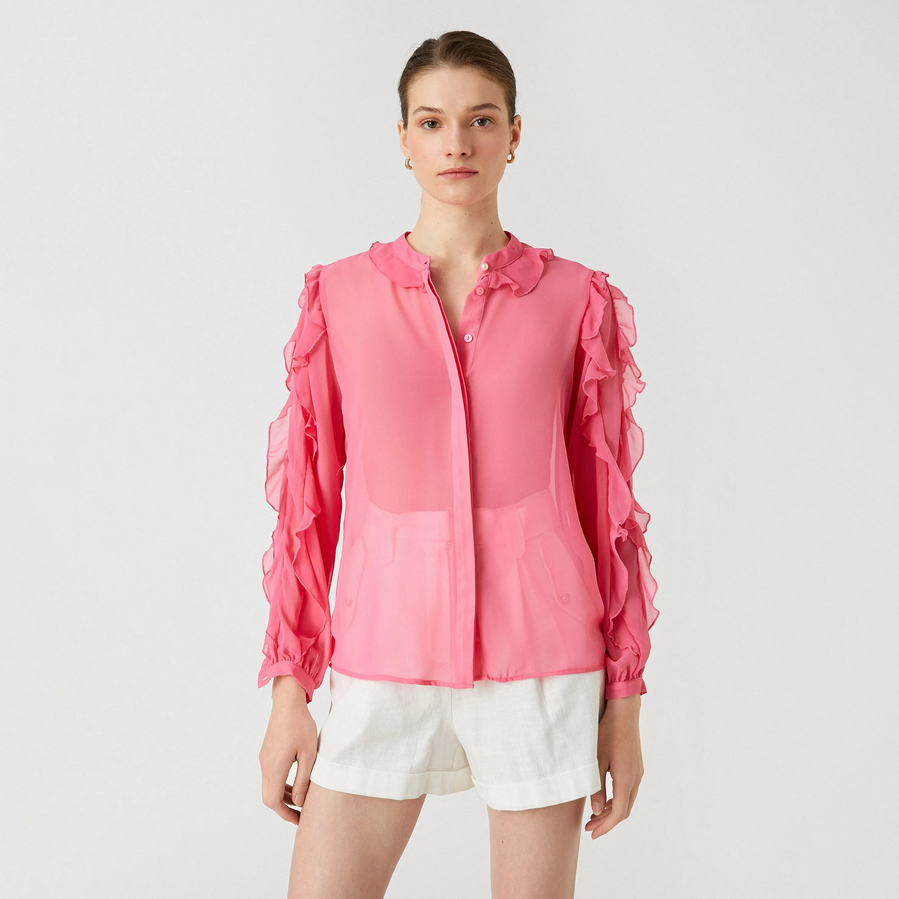 بلوزة بأكمام مكشكشة وياقة صينية باللون الوردي للنساء من كوتون-women-clothing-shirtsandblouses-blouses-image-1