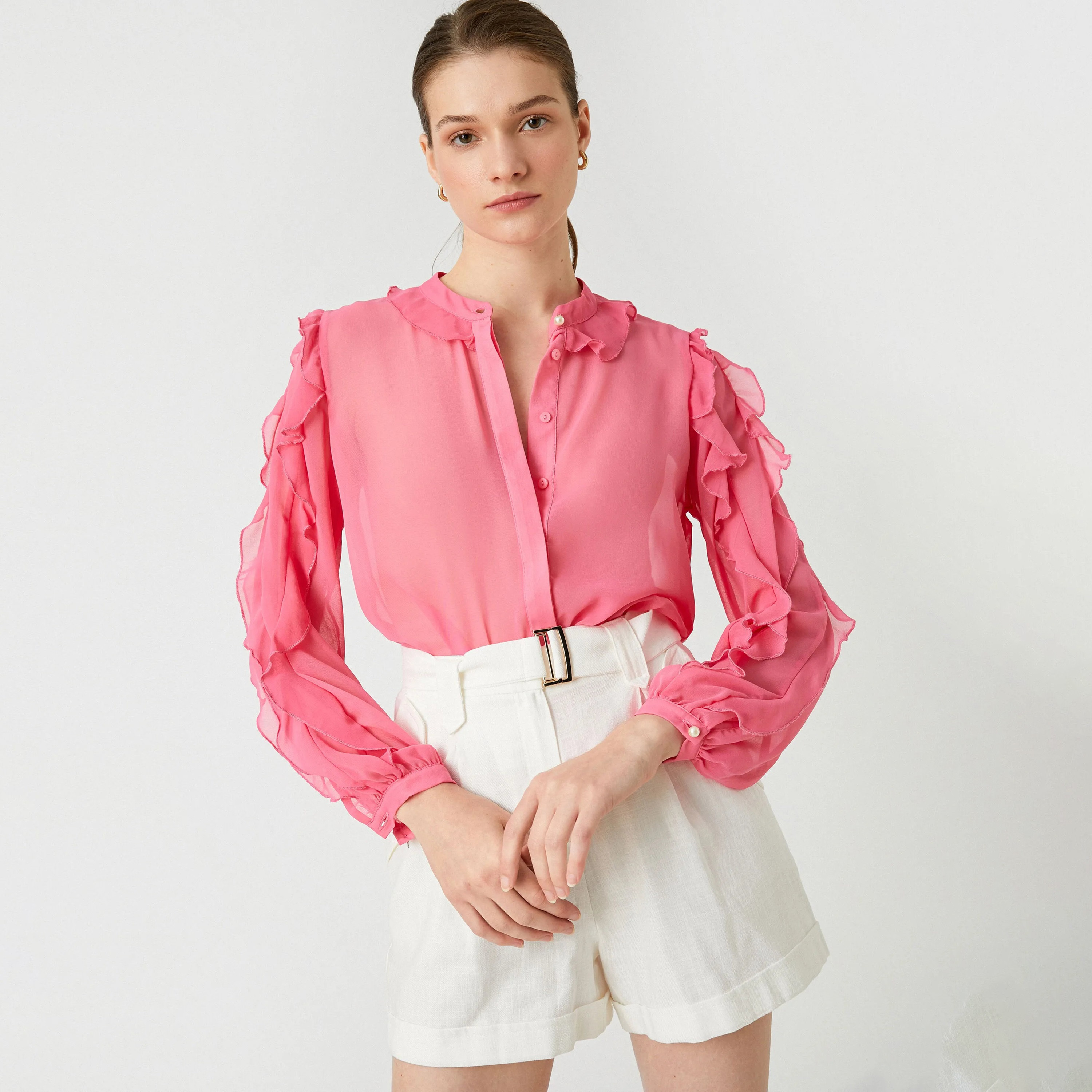 بلوزة بأكمام مكشكشة وياقة صينية باللون الوردي للنساء من كوتون-women-clothing-shirtsandblouses-blouses-image-2