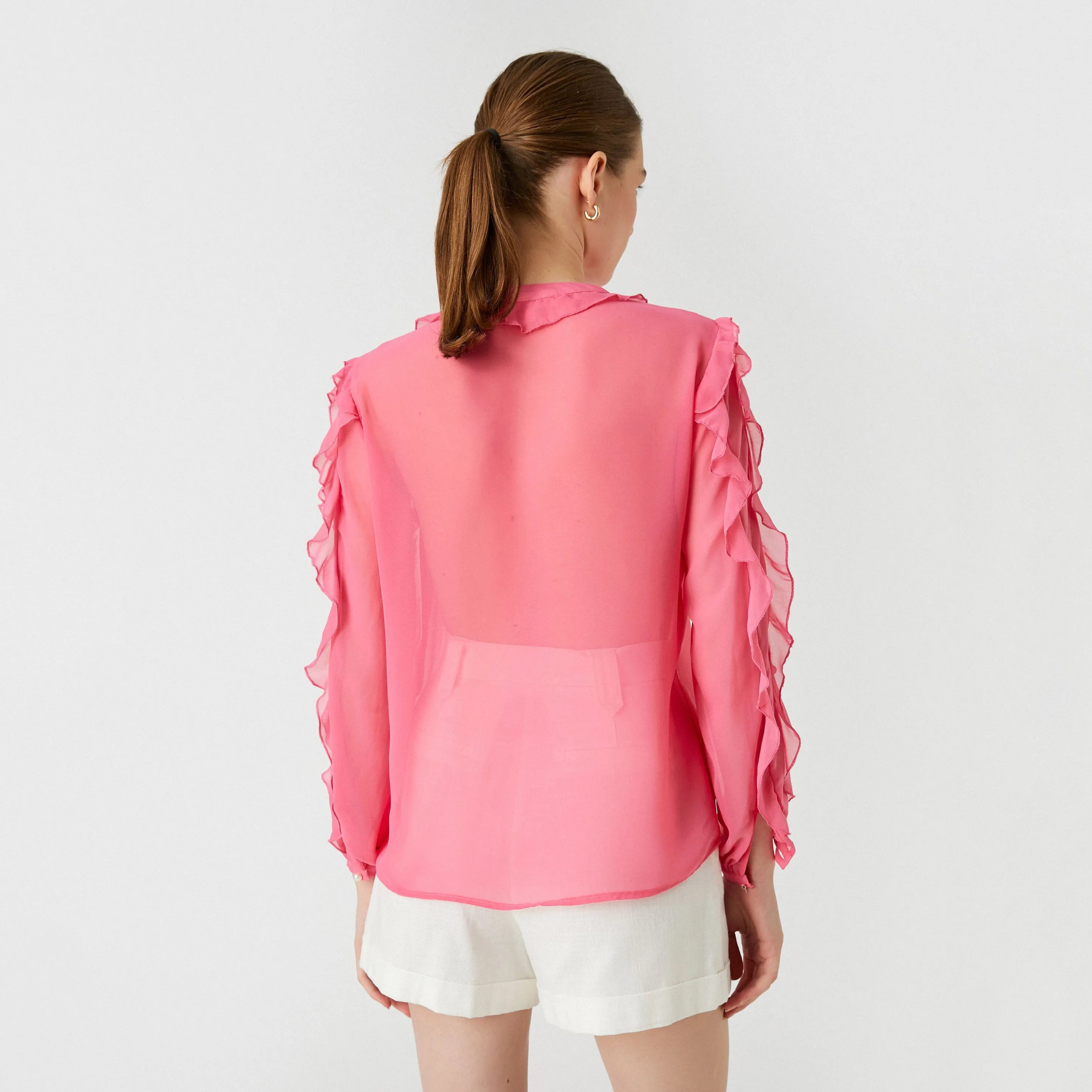 بلوزة بأكمام مكشكشة وياقة صينية باللون الوردي للنساء من كوتون-women-clothing-shirtsandblouses-blouses-image-3