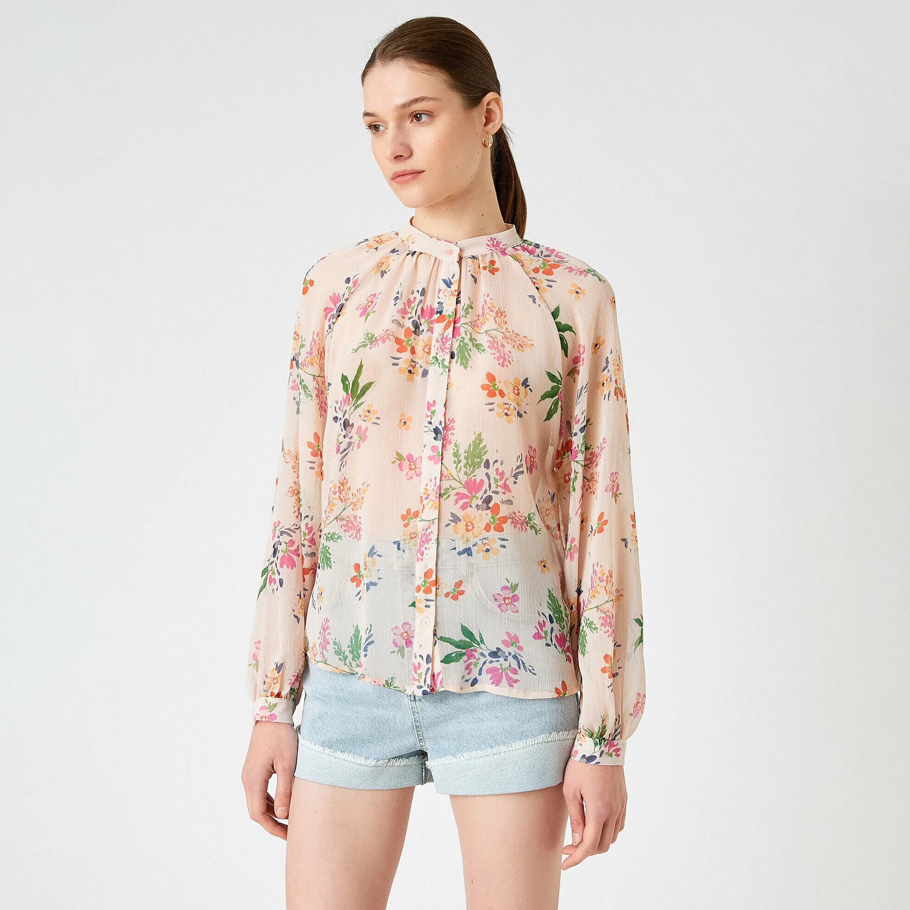 KOTON Peach Floral Print Chiffon Mandarin Collar Raglan Sleeves Women's Top-women-clothing-shirtsandblouses-blouses-image-1