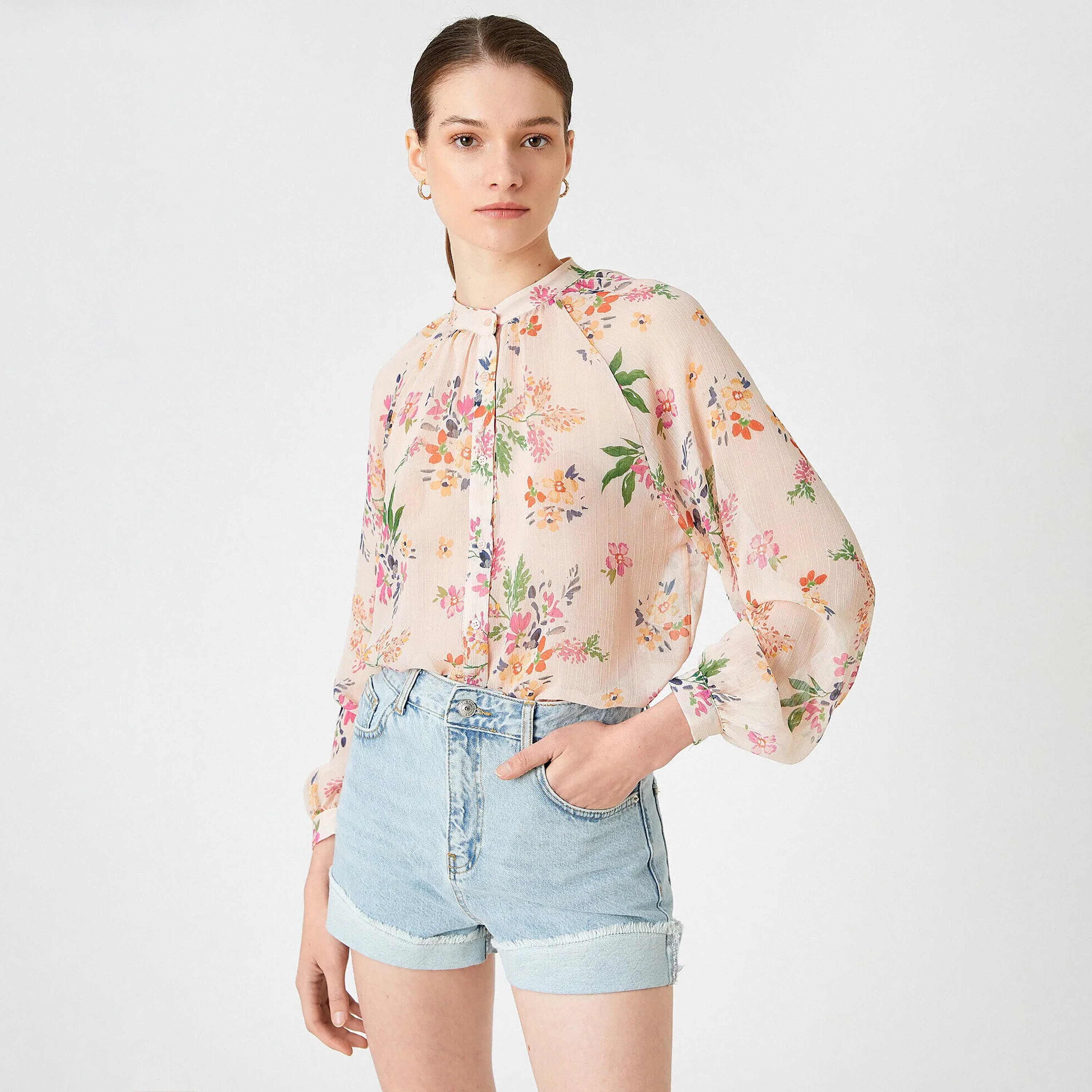 KOTON Peach Floral Print Chiffon Mandarin Collar Raglan Sleeves Women's Top-women-clothing-shirtsandblouses-blouses-image-2