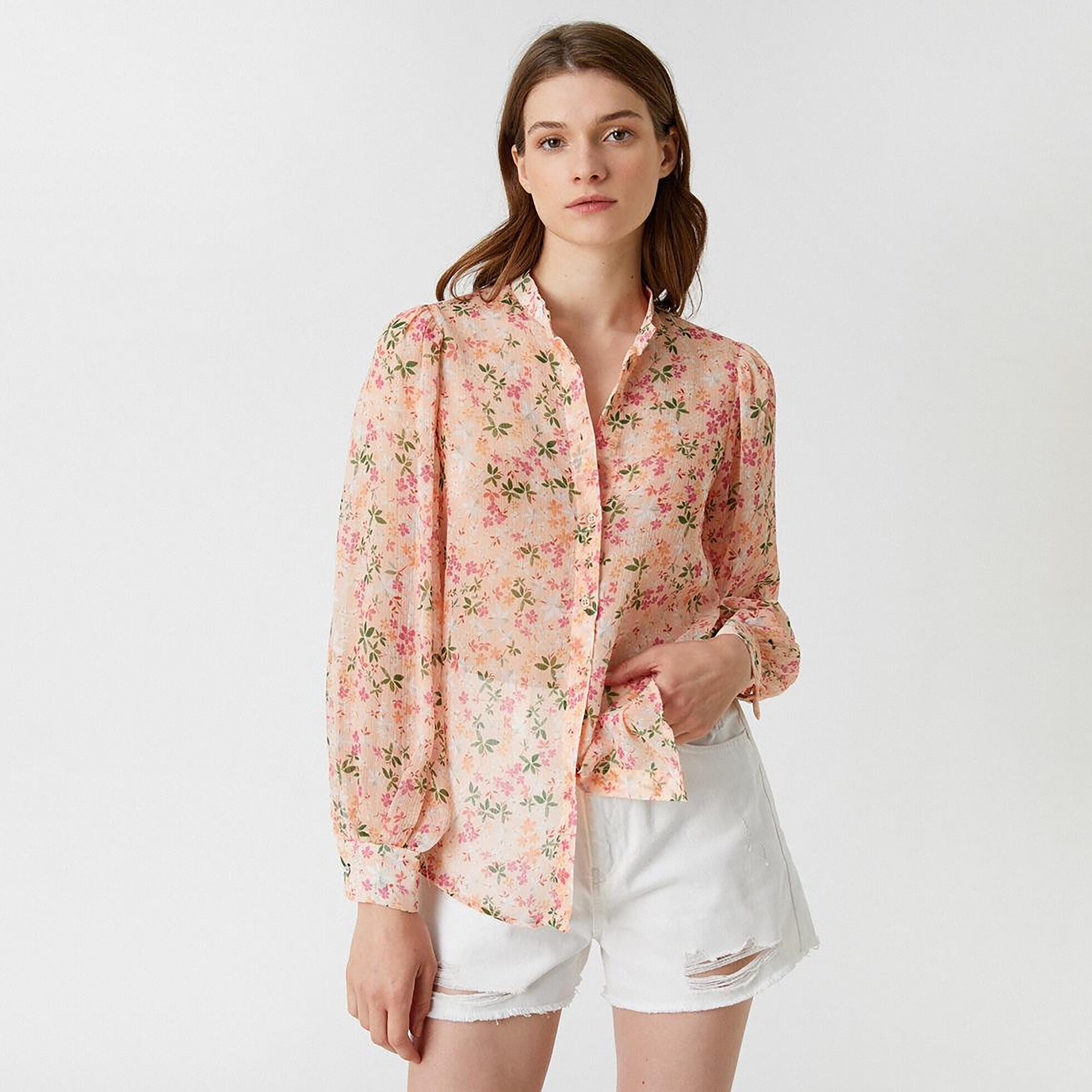 قميص شيفون وياقة صينية وطبعة أزهار باللون الخوخي للنساء من كوتون-women-clothing-shirtsandblouses-shirts-image-1