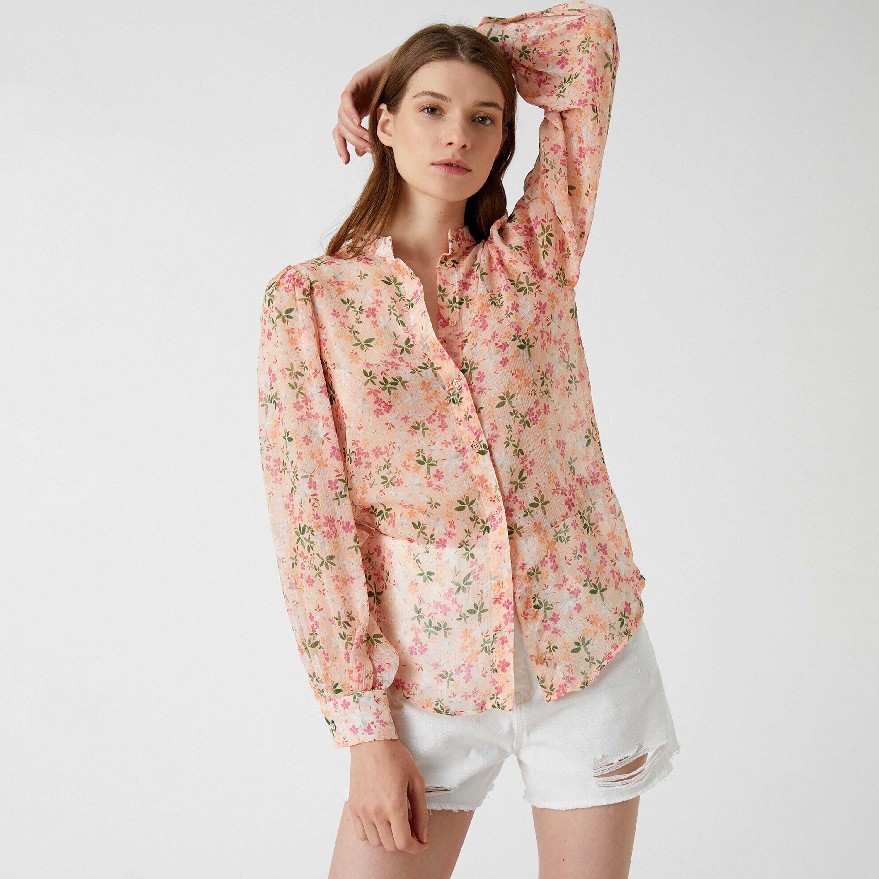 قميص شيفون وياقة صينية وطبعة أزهار باللون الخوخي للنساء من كوتون-women-clothing-shirtsandblouses-shirts-image-2