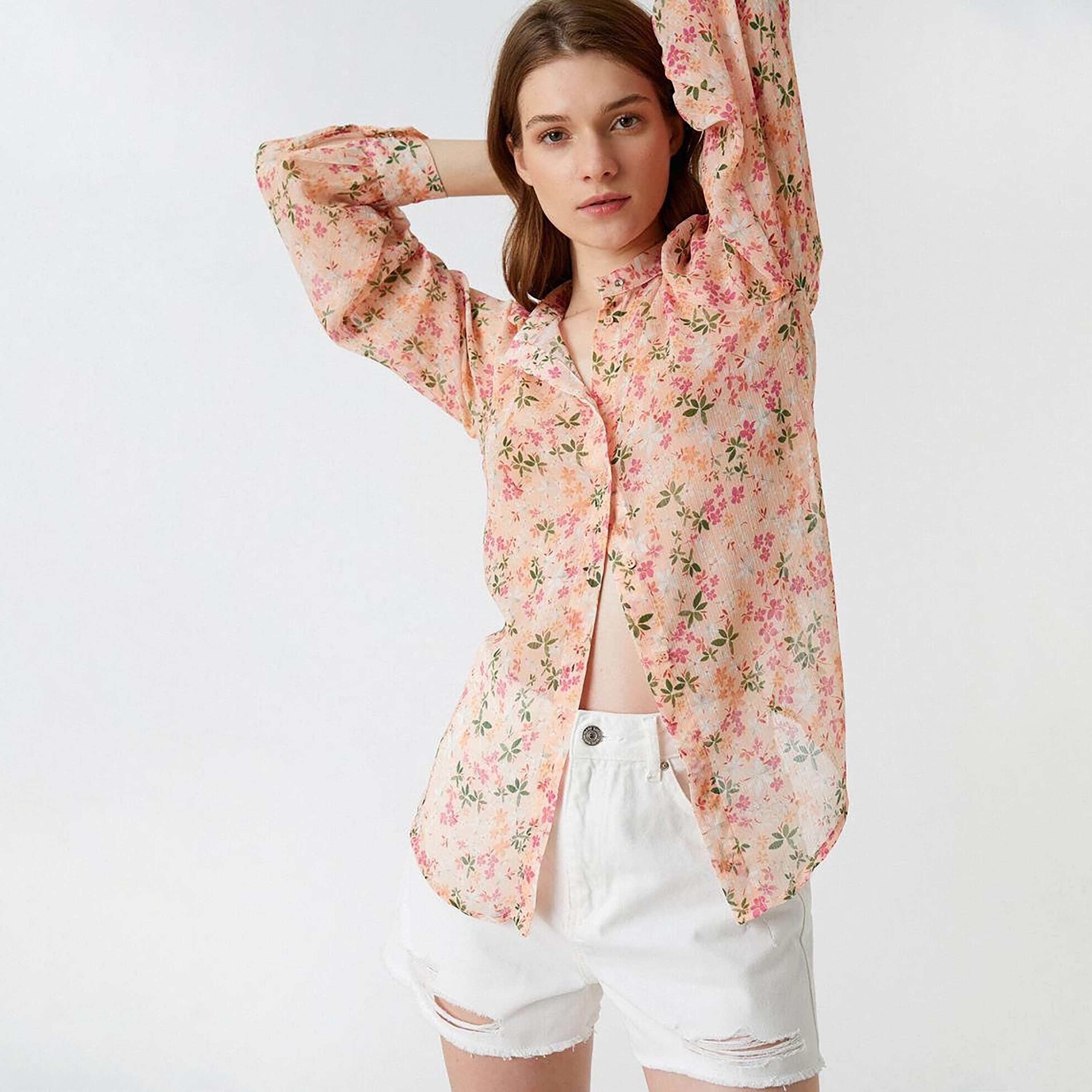 قميص شيفون وياقة صينية وطبعة أزهار باللون الخوخي للنساء من كوتون-women-clothing-shirtsandblouses-shirts-image-4