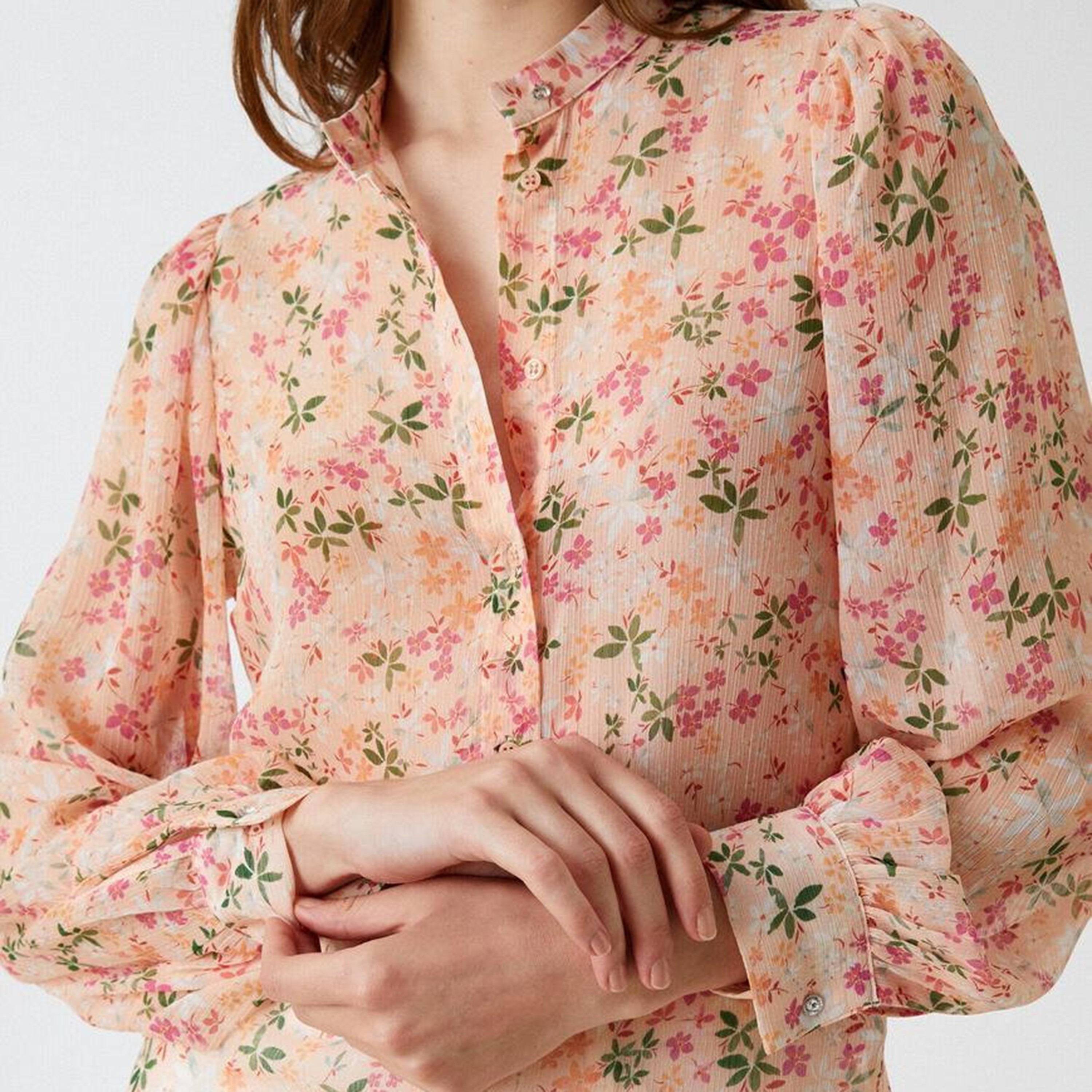 قميص شيفون وياقة صينية وطبعة أزهار باللون الخوخي للنساء من كوتون-women-clothing-shirtsandblouses-shirts-image-5