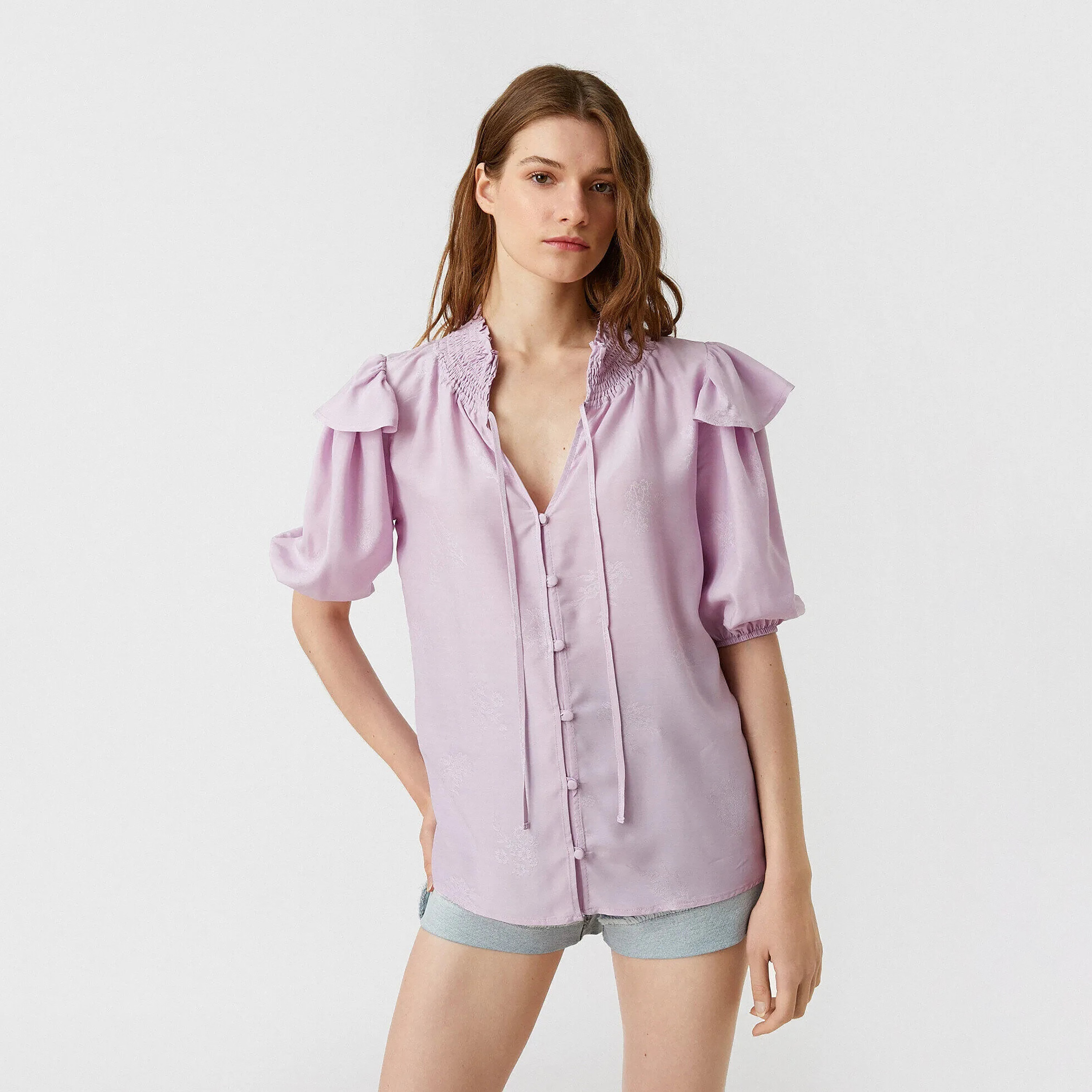 KOTON Purple Jacquard Floral Tie-Up Neck Puff Sleeves Women's Top-women-clothing-shirtsandblouses-blouses-image-1