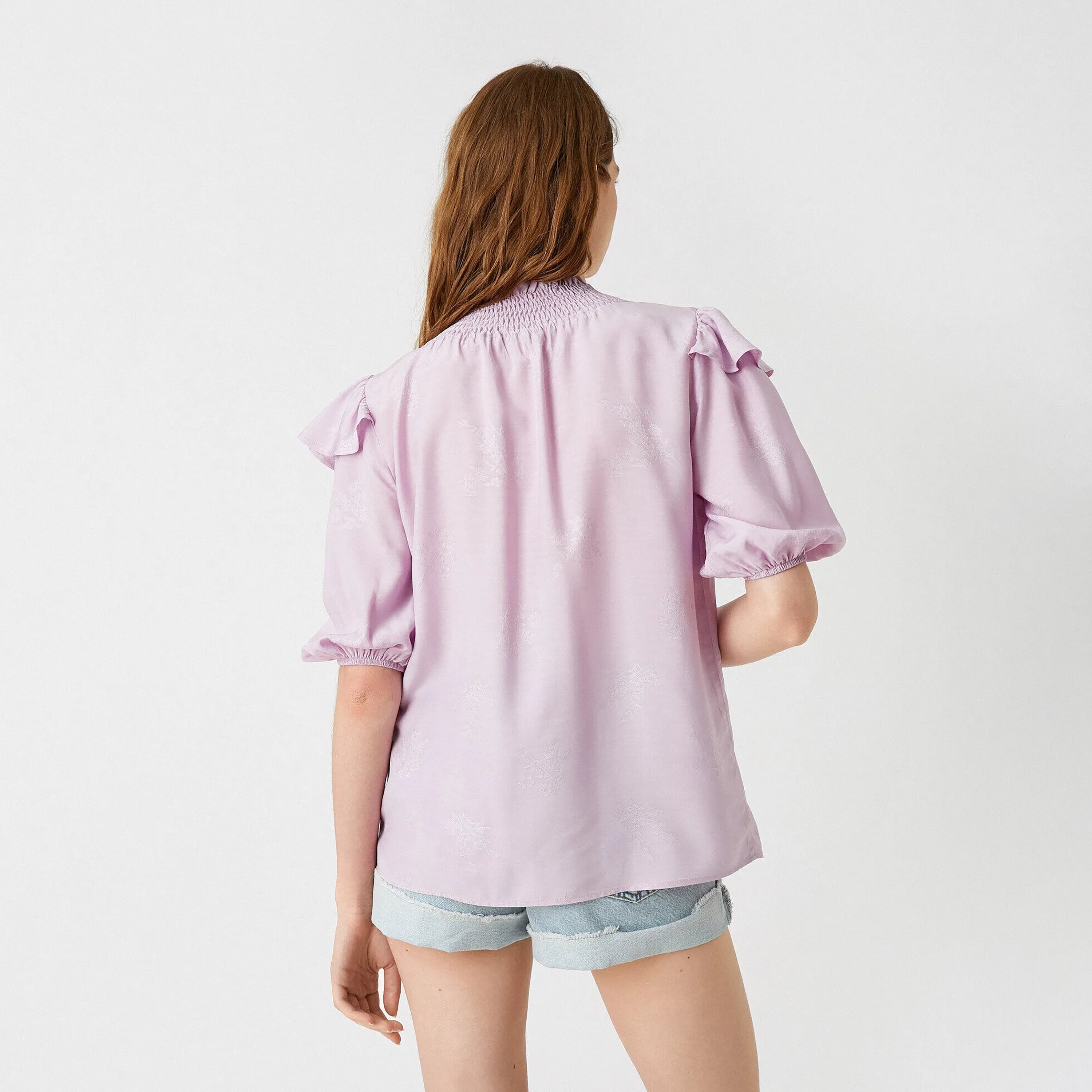 KOTON Purple Jacquard Floral Tie-Up Neck Puff Sleeves Women's Top-women-clothing-shirtsandblouses-blouses-image-3