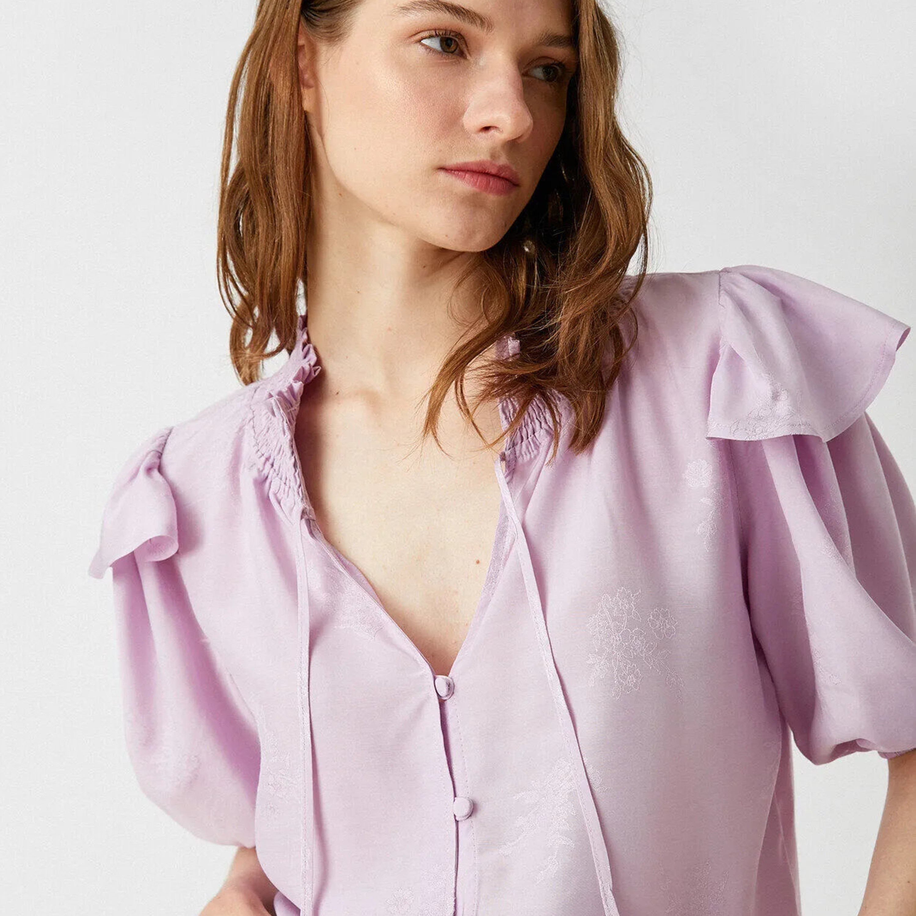 KOTON Purple Jacquard Floral Tie-Up Neck Puff Sleeves Women's Top-women-clothing-shirtsandblouses-blouses-image-4