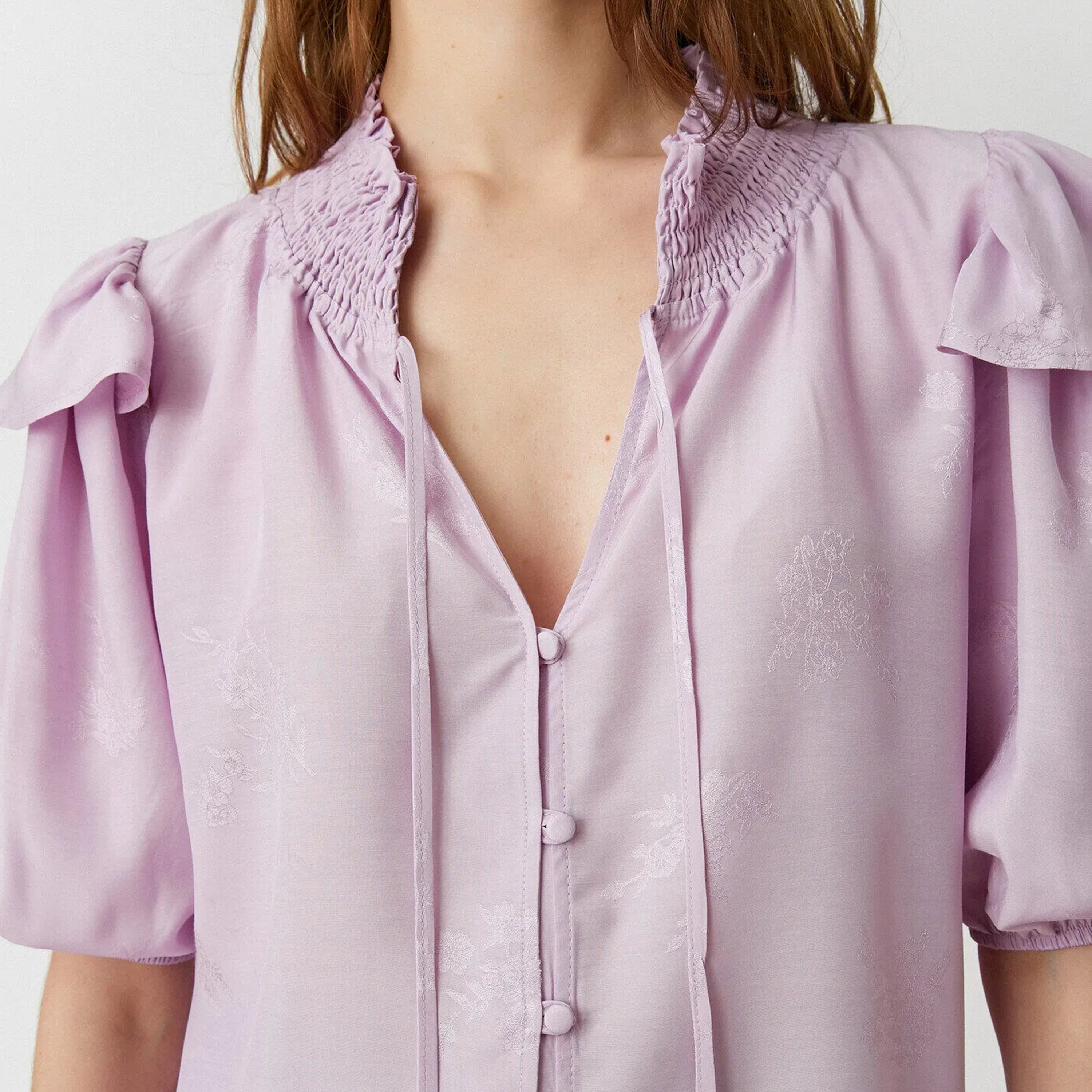 KOTON Purple Jacquard Floral Tie-Up Neck Puff Sleeves Women's Top-women-clothing-shirtsandblouses-blouses-image-5