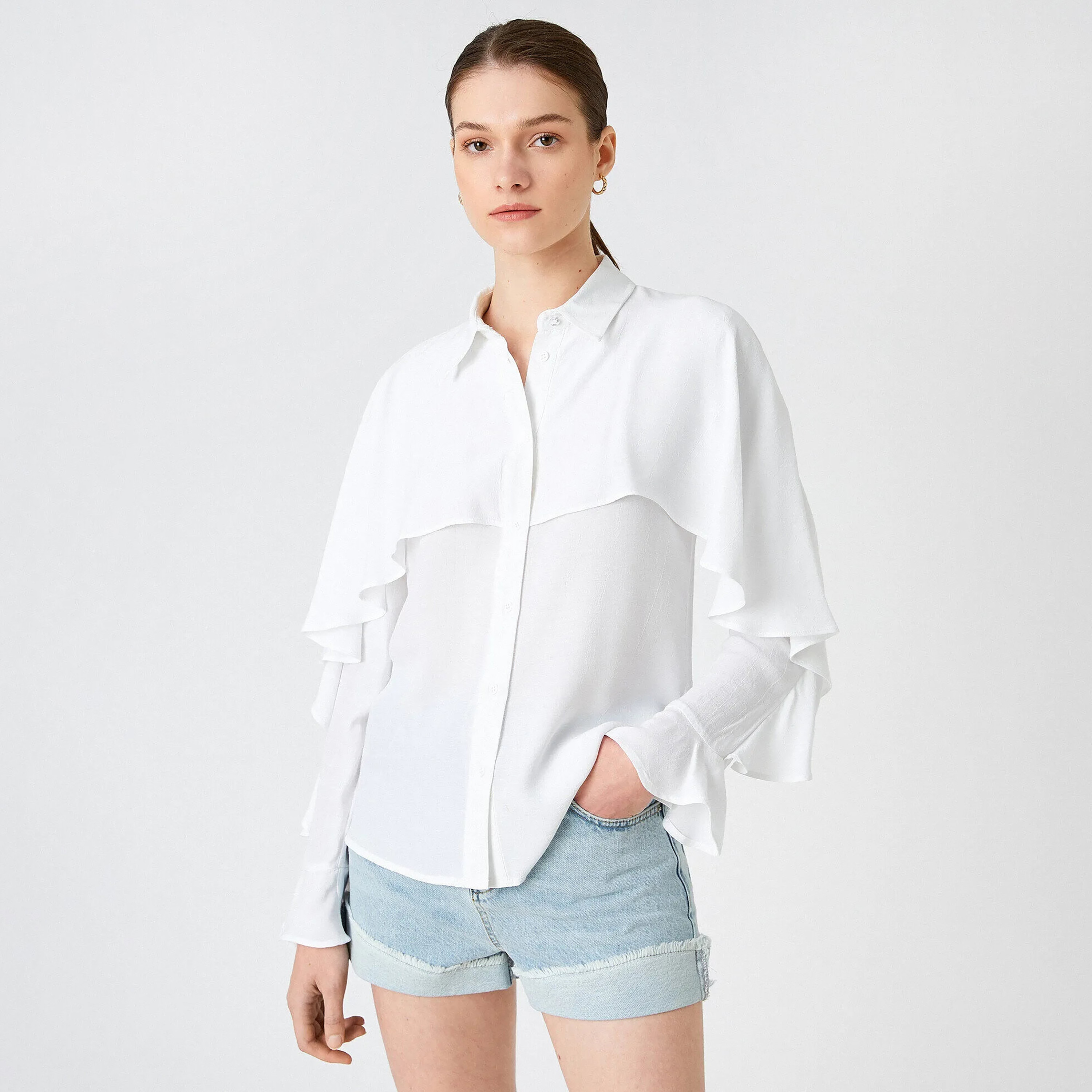 KOTON White Collared Women's Shirt with Cape-women-clothing-shirtsandblouses-shirts-image-1