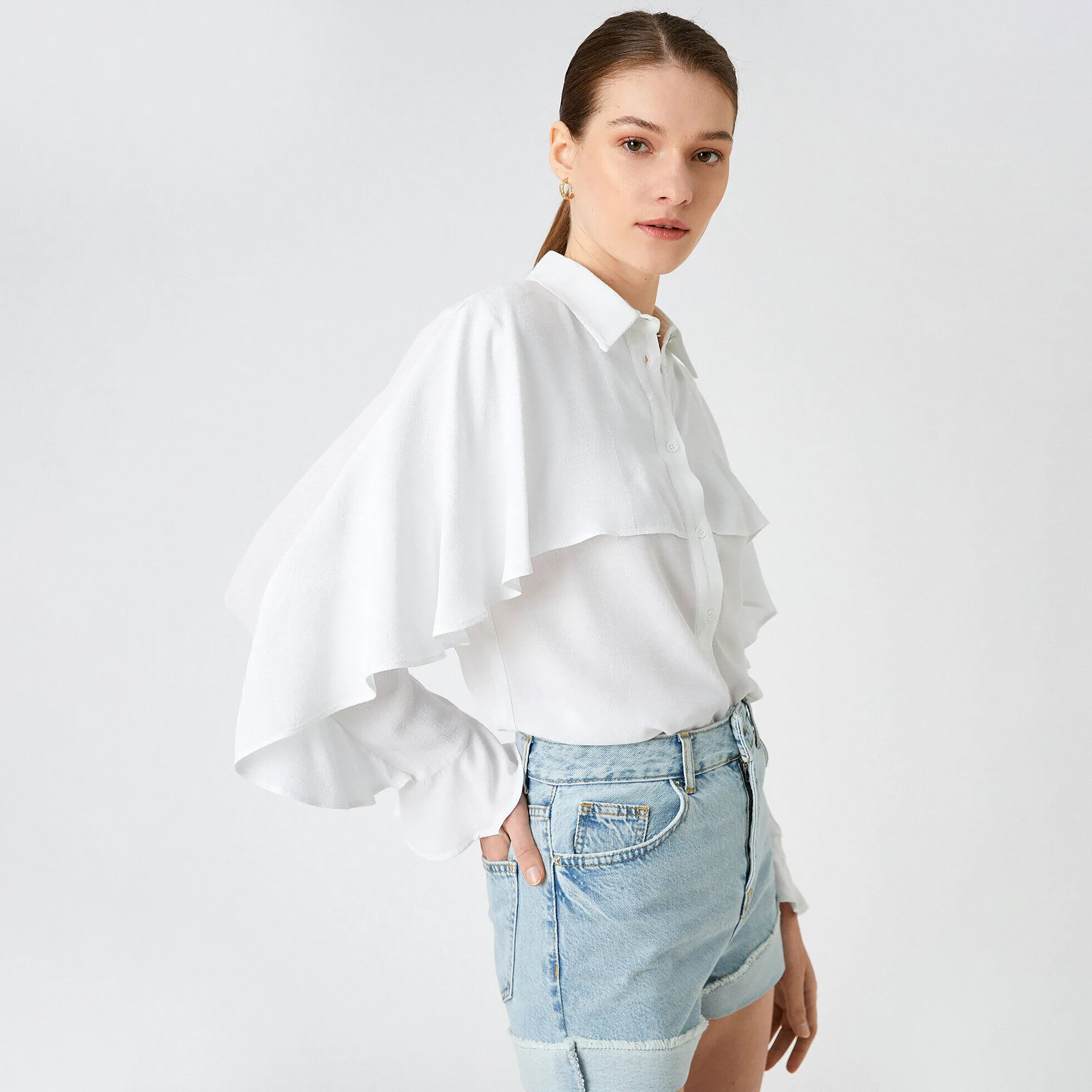 KOTON White Collared Women's Shirt with Cape-women-clothing-shirtsandblouses-shirts-image-2
