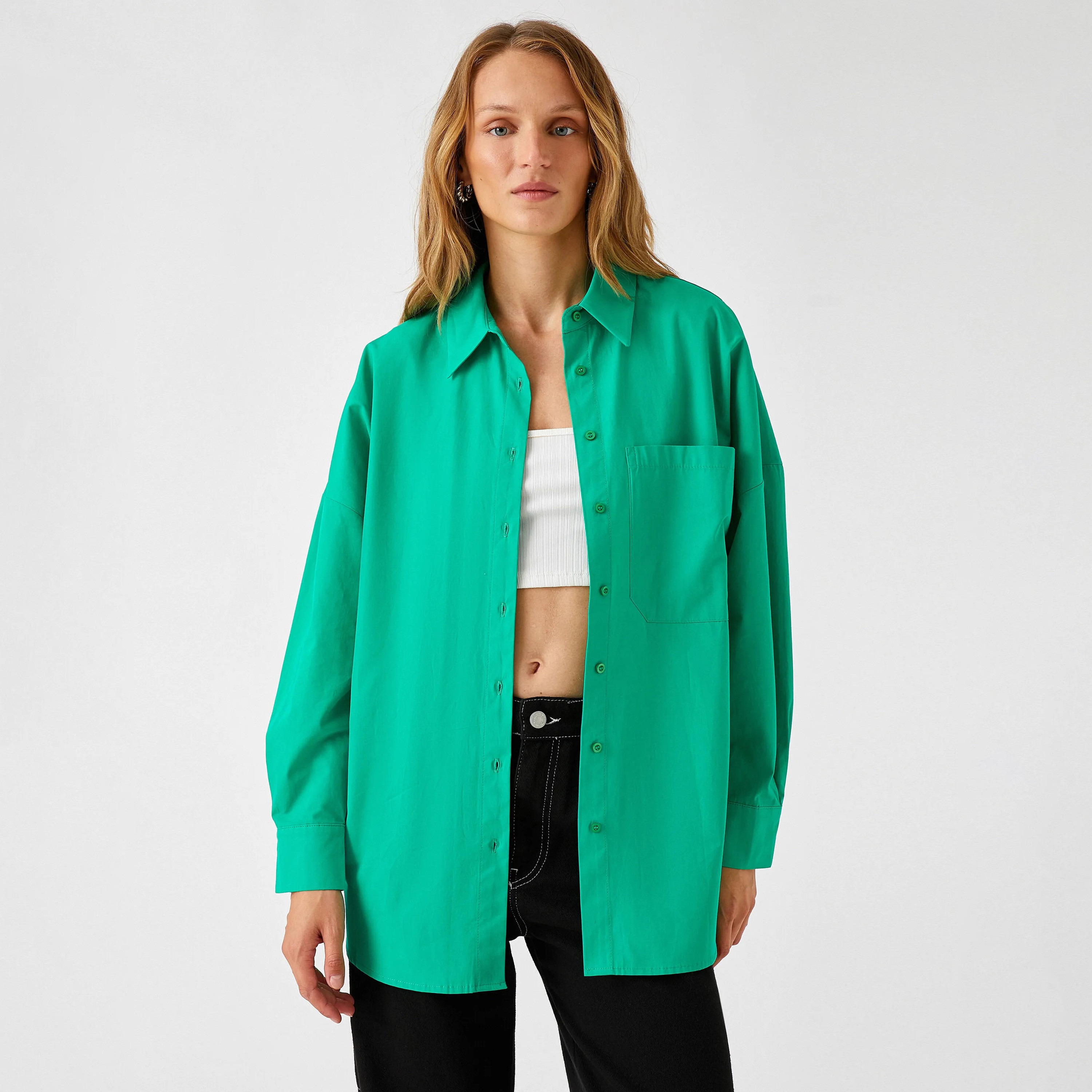 قميص قطن بأكتاف ممتدة وياقة باللون الأخضر للنساء من كوتون-women-clothing-shirtsandblouses-shirts-image-1