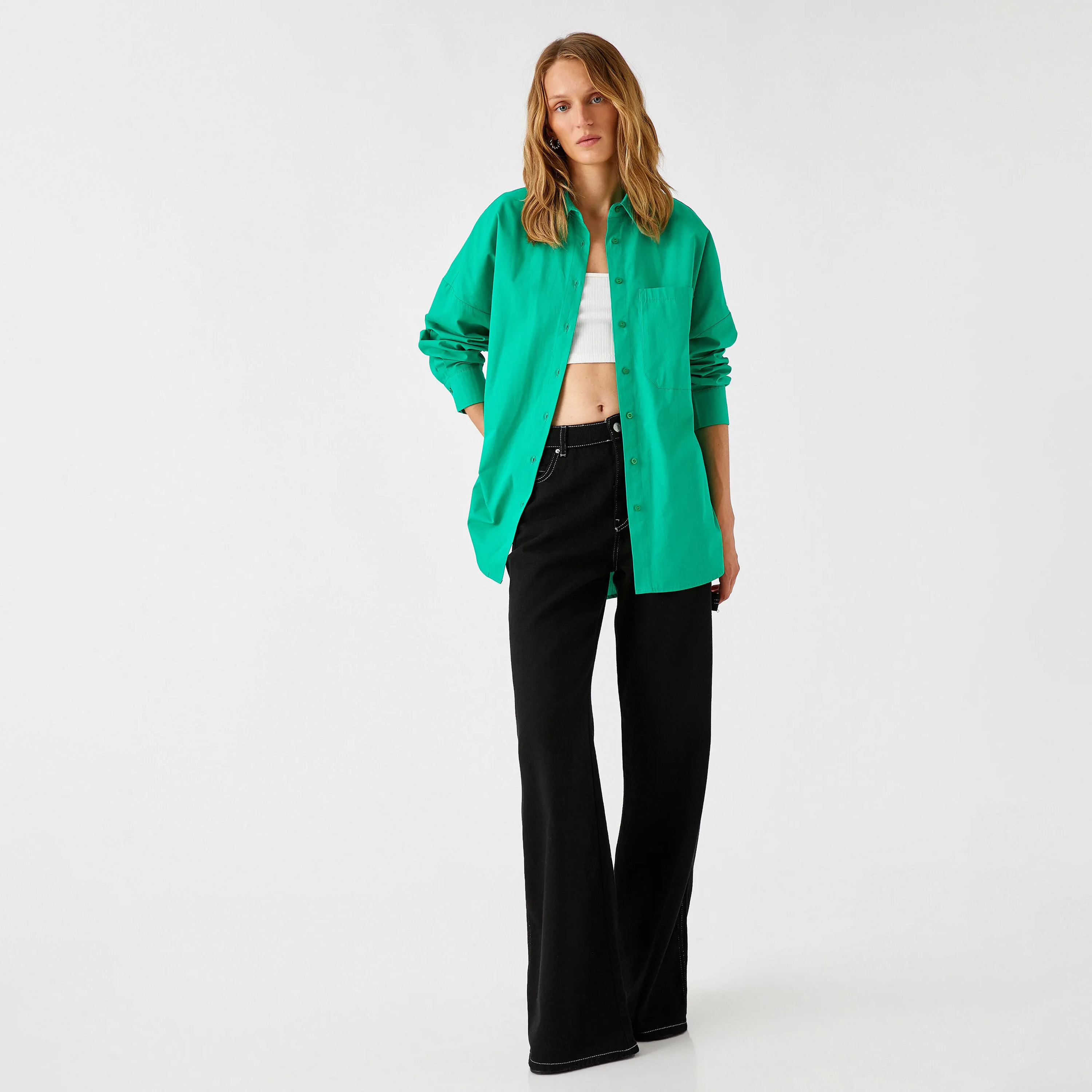 KOTON Green Cotton Collared Dropped Sleeves Women's Shirt-women-clothing-shirtsandblouses-shirts-image-2