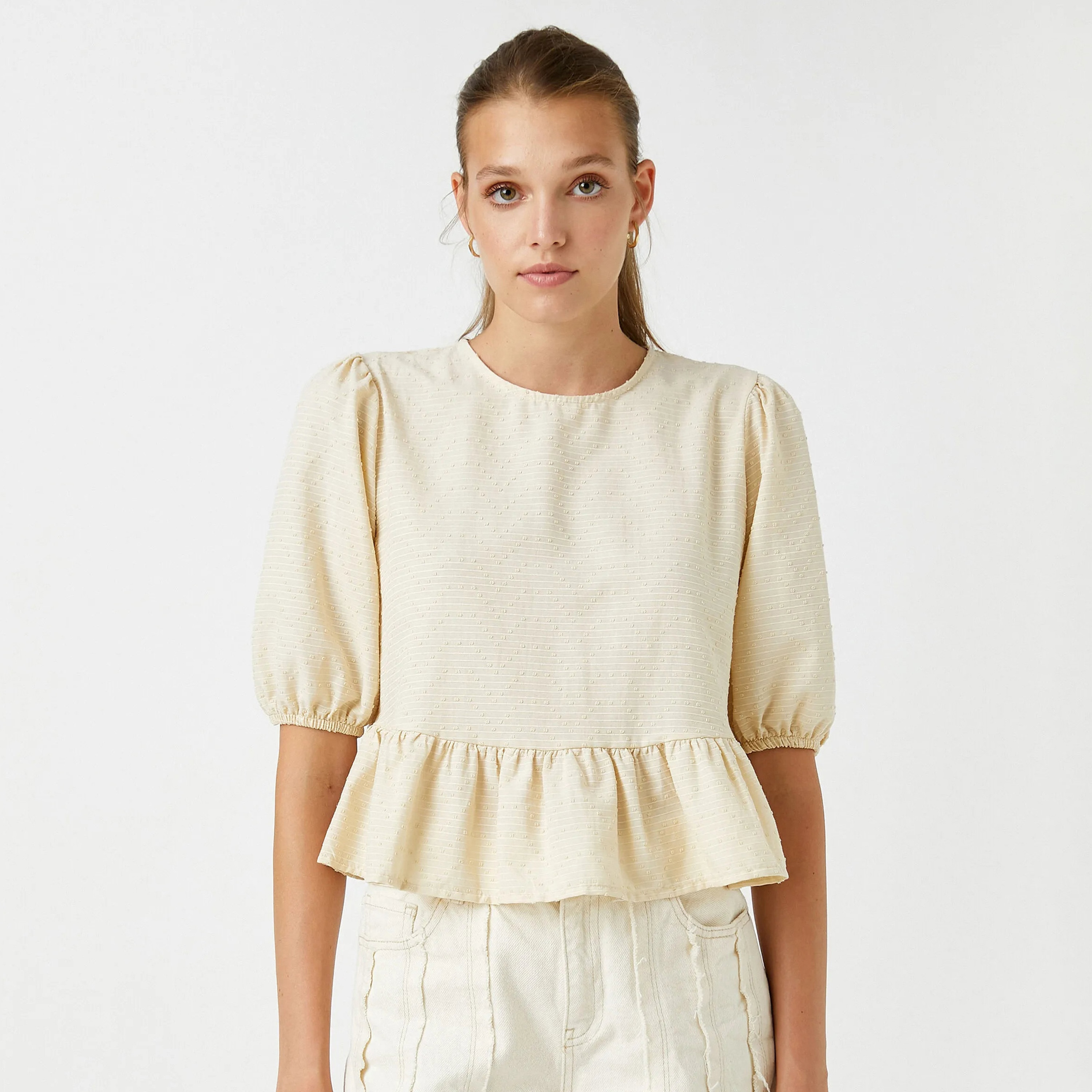 KOTON Cream Dobby Puff Sleeves Women's Peplum Top-women-clothing-plussize-shirtsandblouses-blouses-image-1