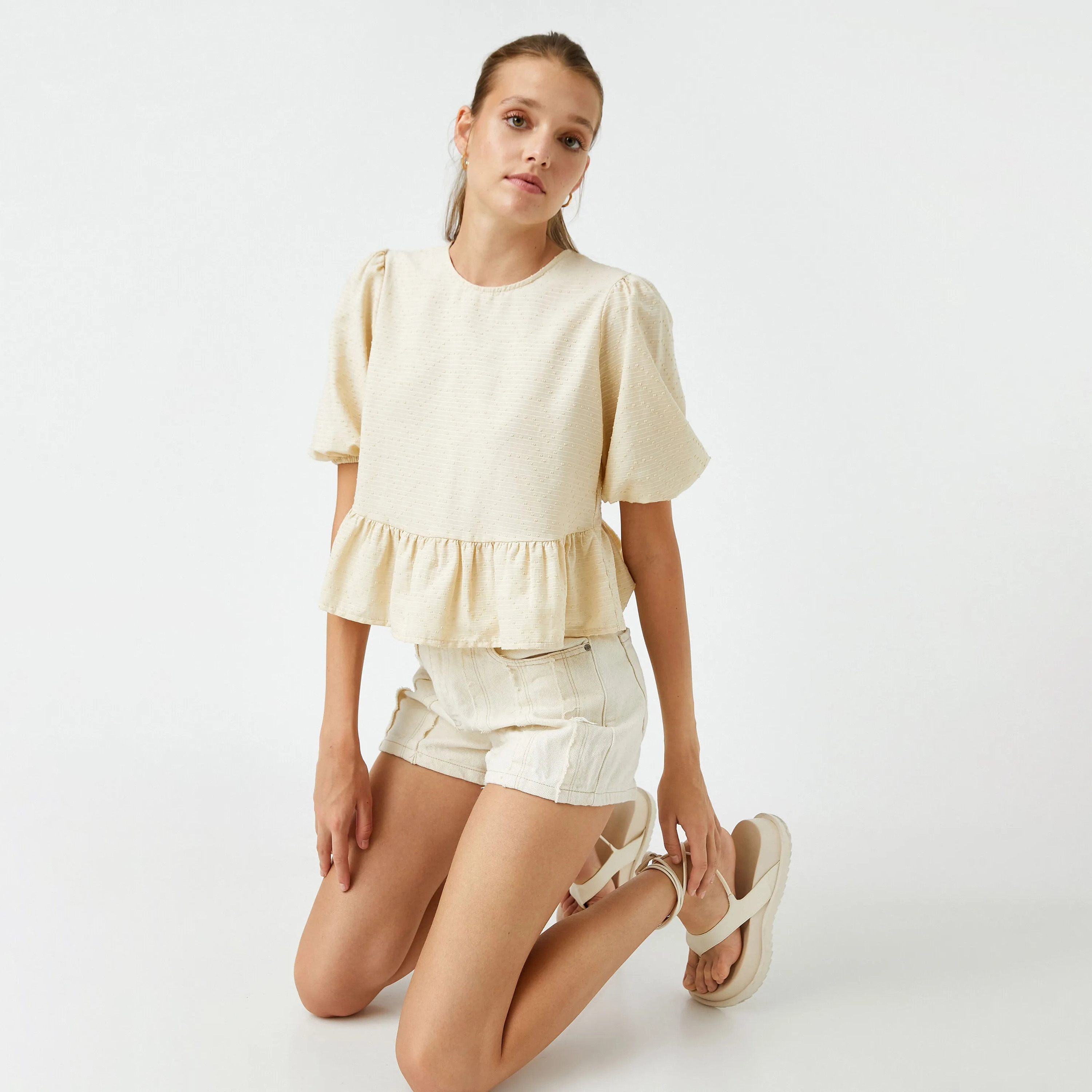 KOTON Cream Dobby Puff Sleeves Women's Peplum Top-women-clothing-plussize-shirtsandblouses-blouses-image-2