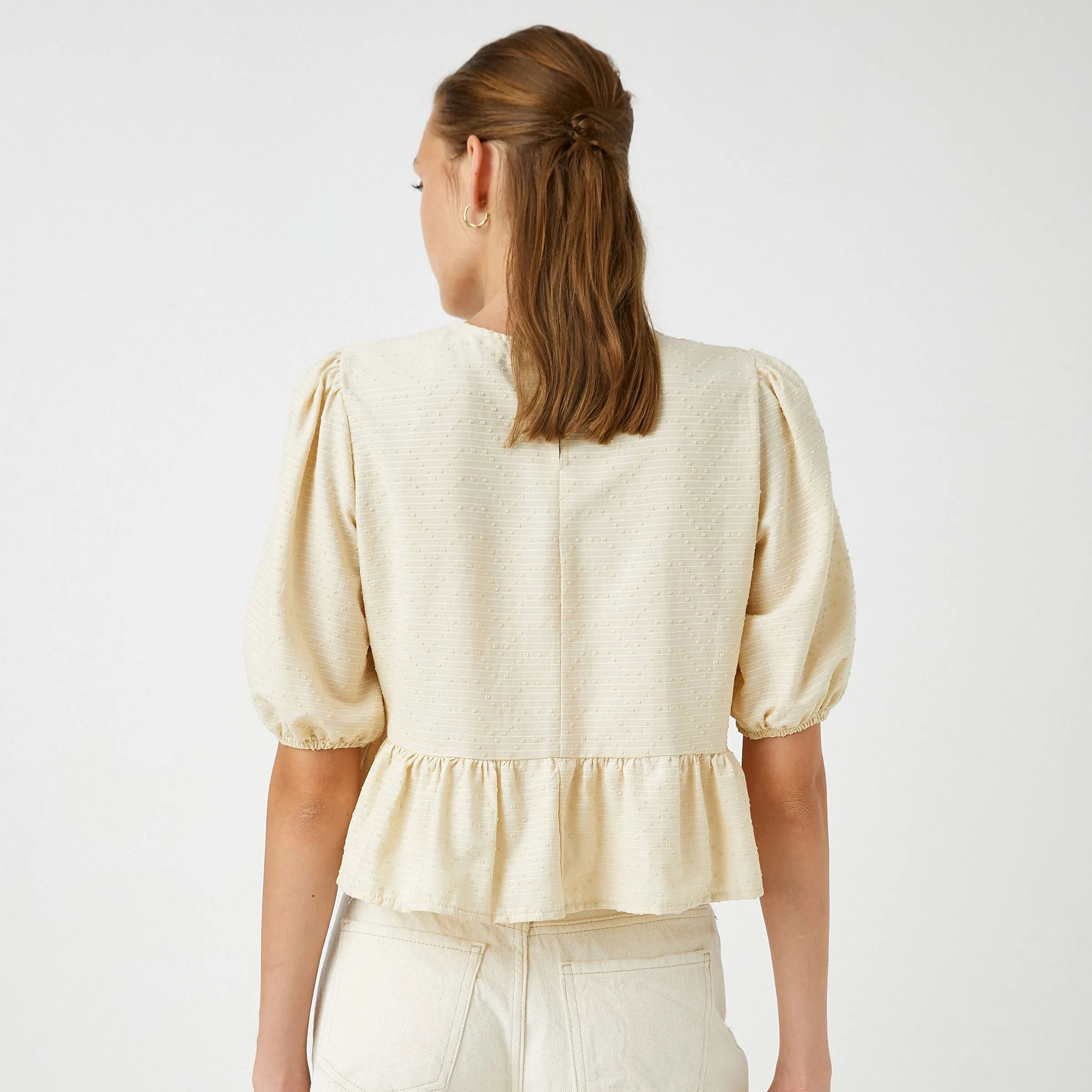 KOTON Cream Dobby Puff Sleeves Women's Peplum Top-women-clothing-plussize-shirtsandblouses-blouses-image-3