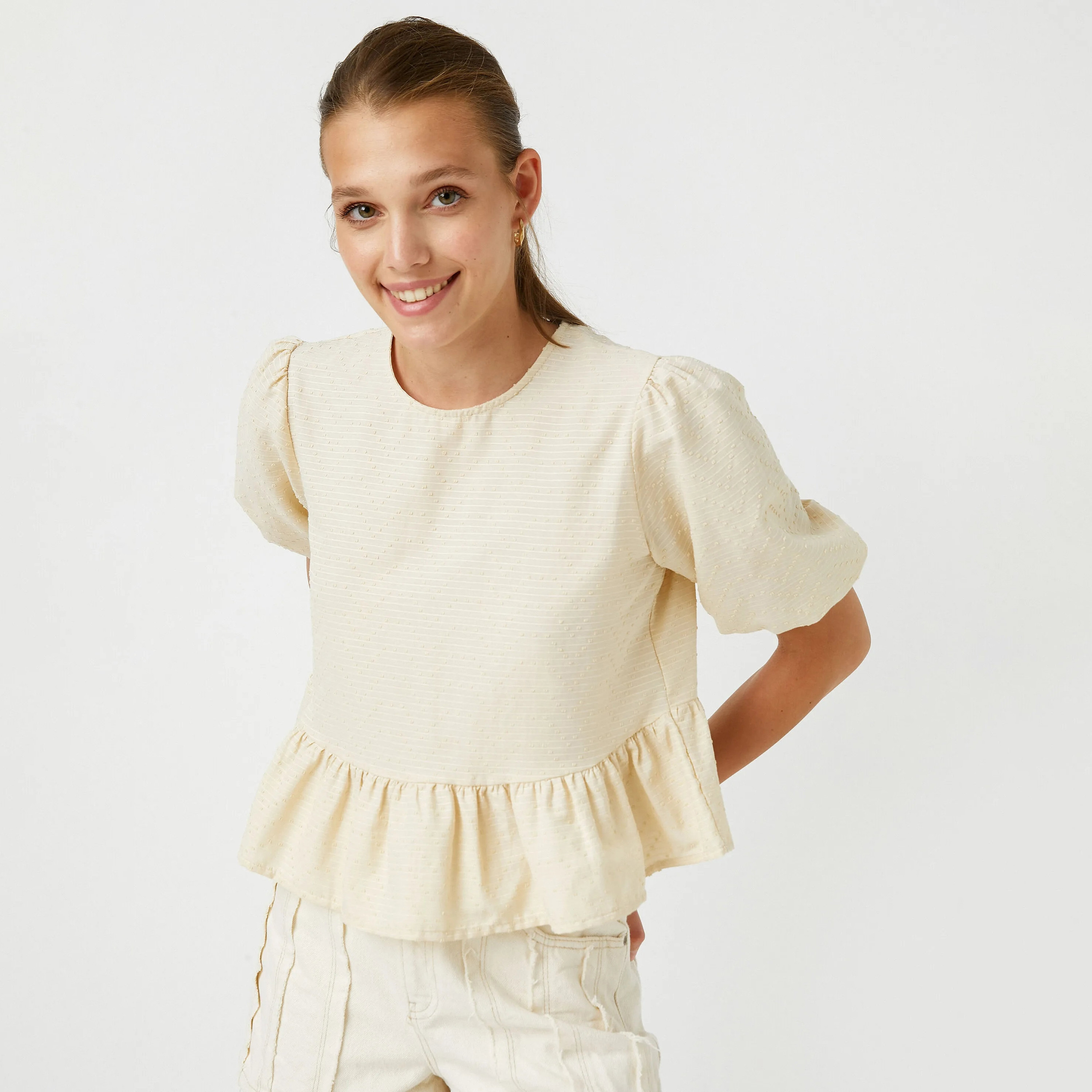 KOTON Cream Dobby Puff Sleeves Women's Peplum Top-women-clothing-plussize-shirtsandblouses-blouses-image-4