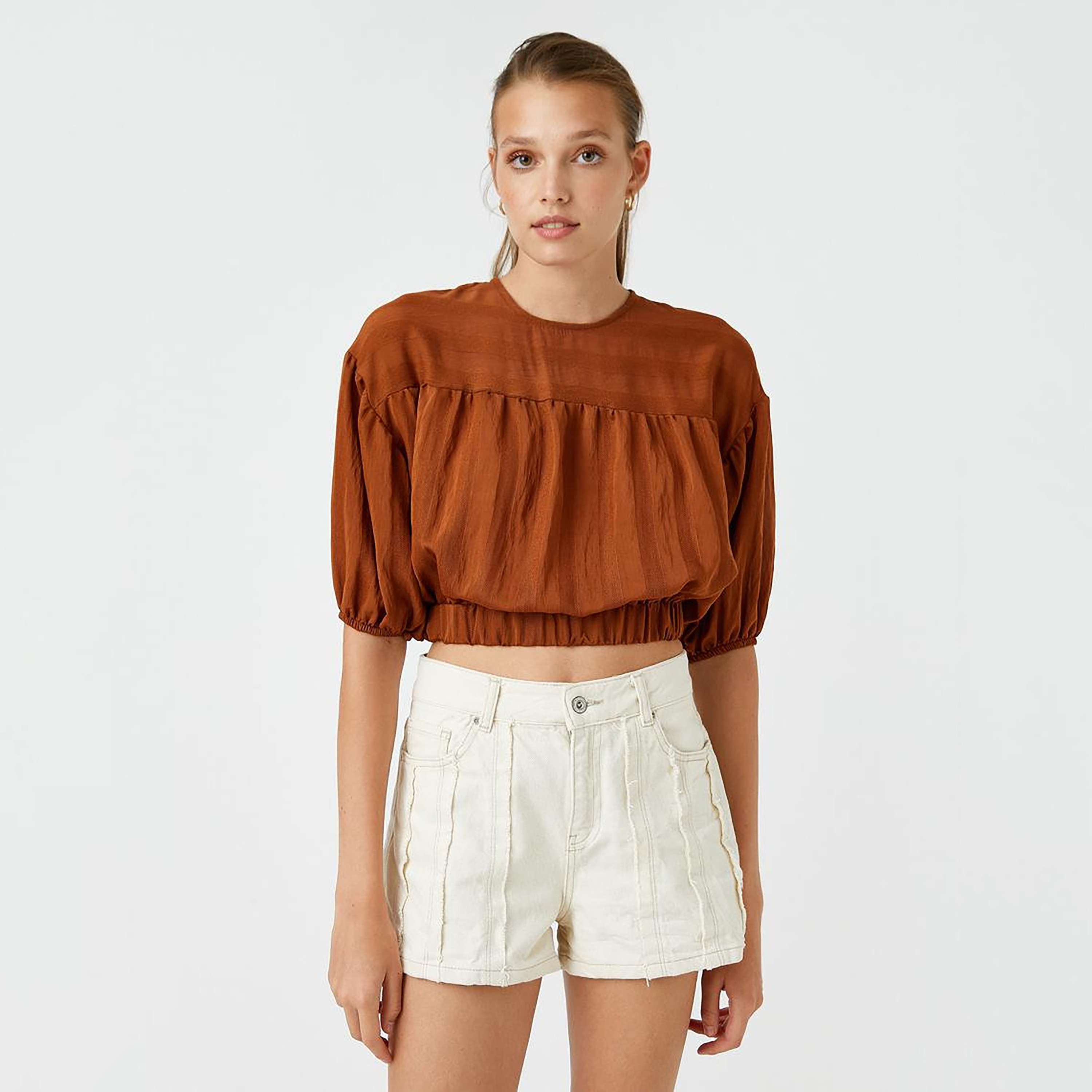 KOTON Brown Stripe Textured Puff Sleeves Women's Cropped Top-women-clothing-plussize-shirtsandblouses-blouses-image-1