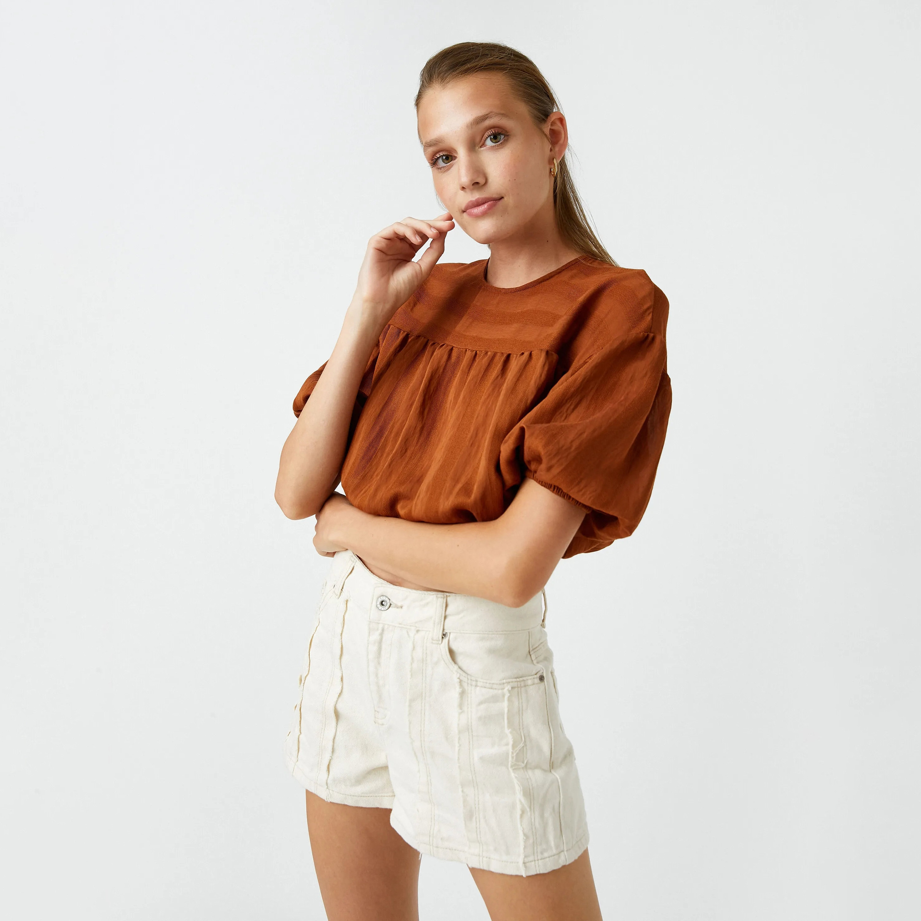KOTON Brown Stripe Textured Puff Sleeves Women's Cropped Top-women-clothing-plussize-shirtsandblouses-blouses-image-2