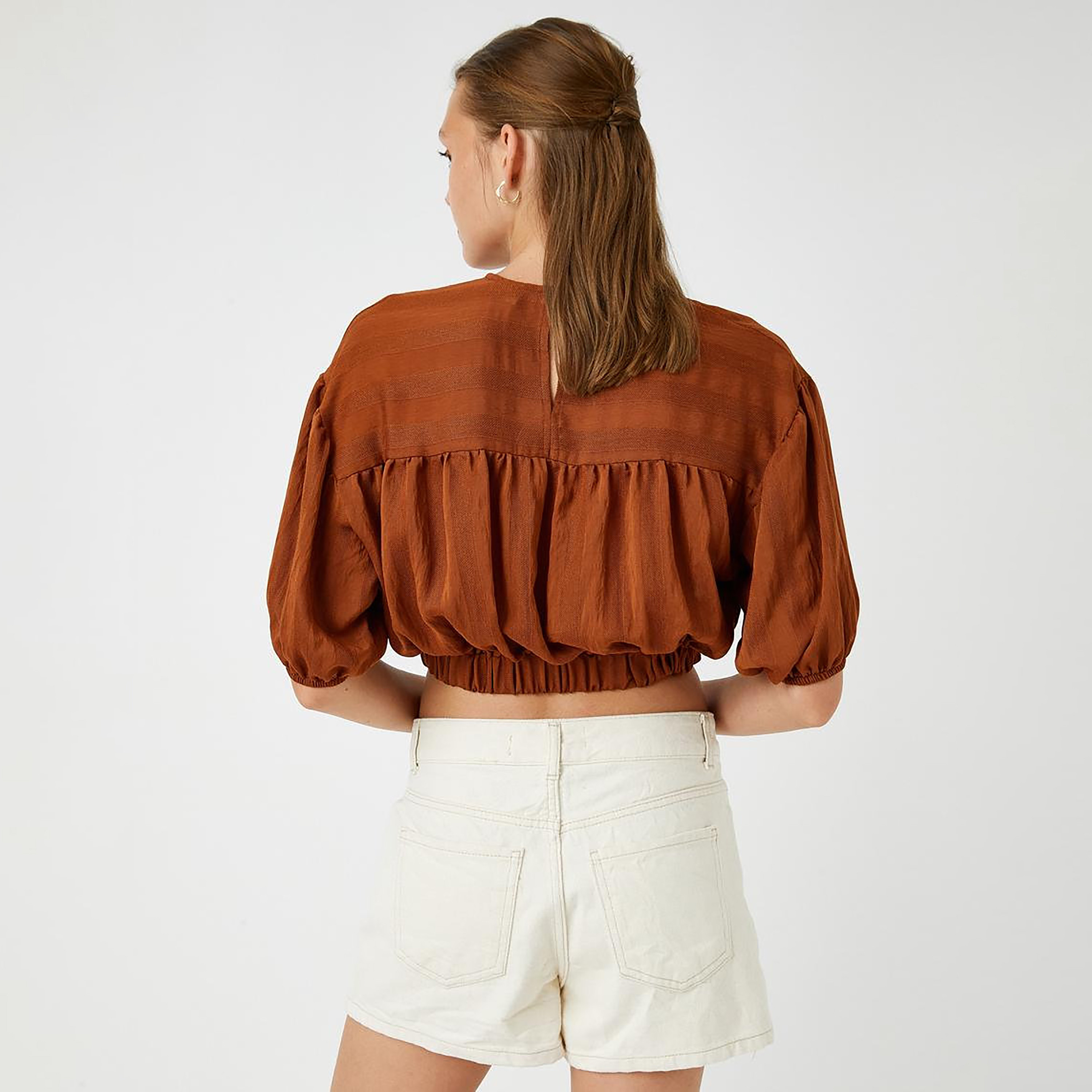 KOTON Brown Stripe Textured Puff Sleeves Women's Cropped Top-women-clothing-plussize-shirtsandblouses-blouses-image-3