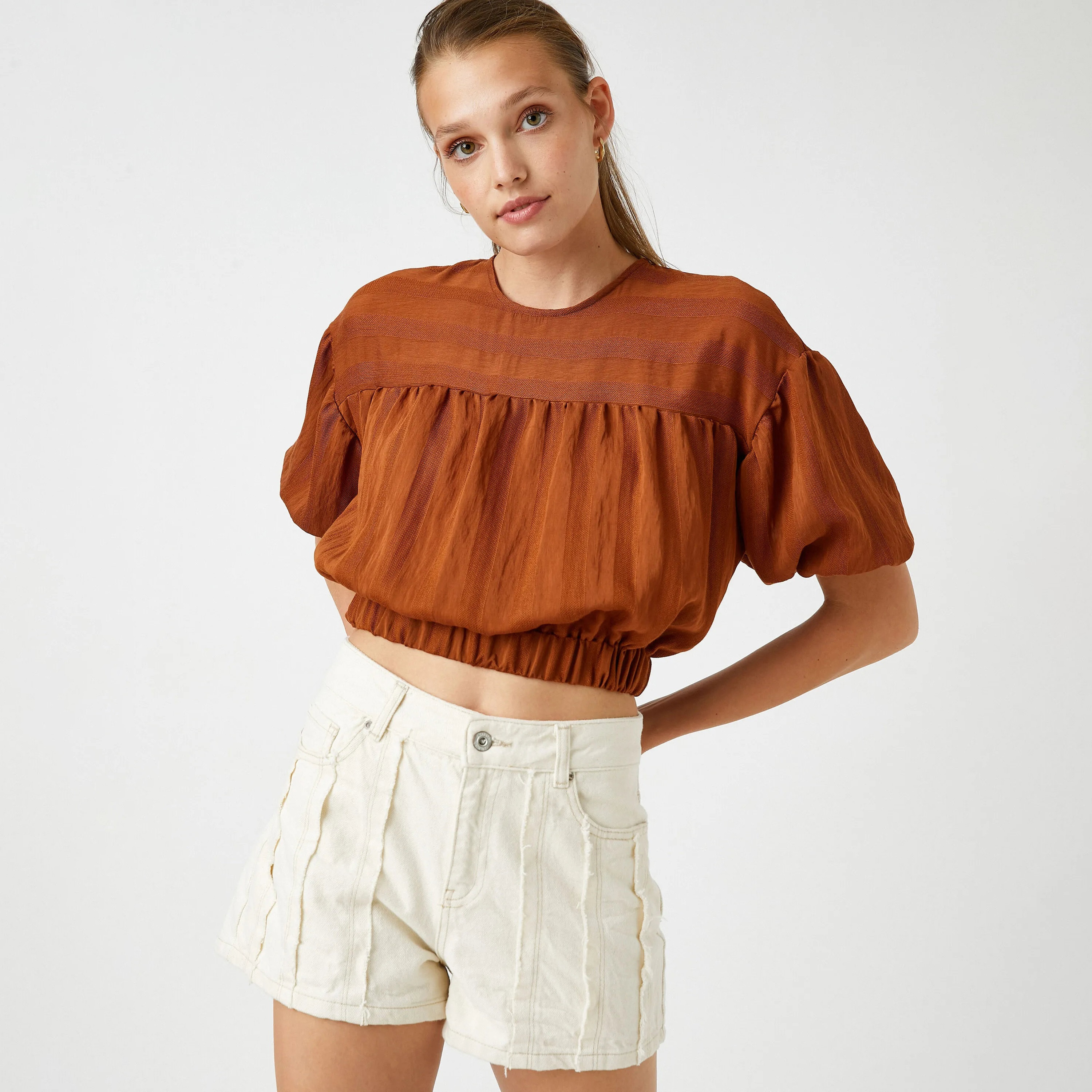 KOTON Brown Stripe Textured Puff Sleeves Women's Cropped Top-women-clothing-plussize-shirtsandblouses-blouses-image-4