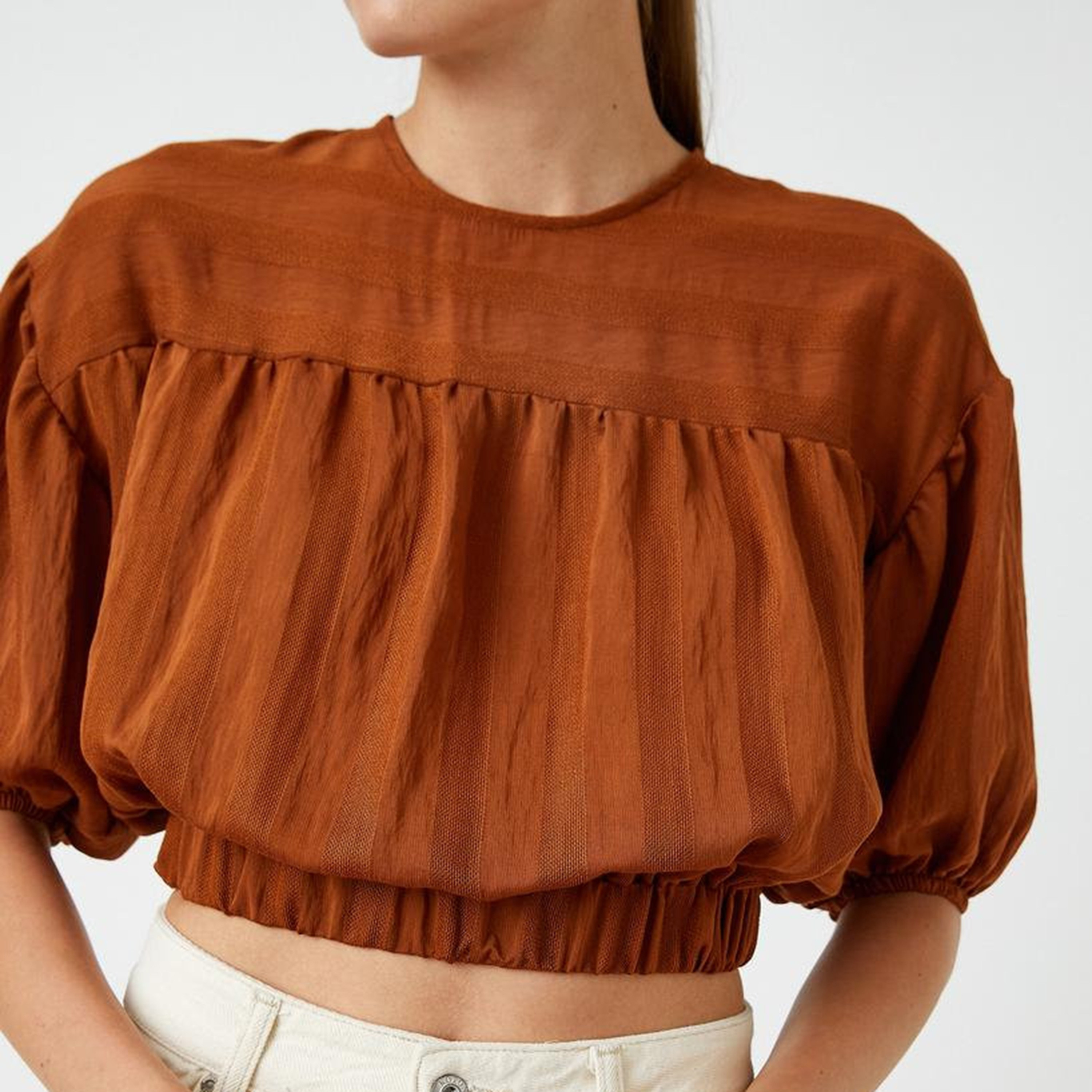 KOTON Brown Stripe Textured Puff Sleeves Women's Cropped Top-women-clothing-plussize-shirtsandblouses-blouses-image-5