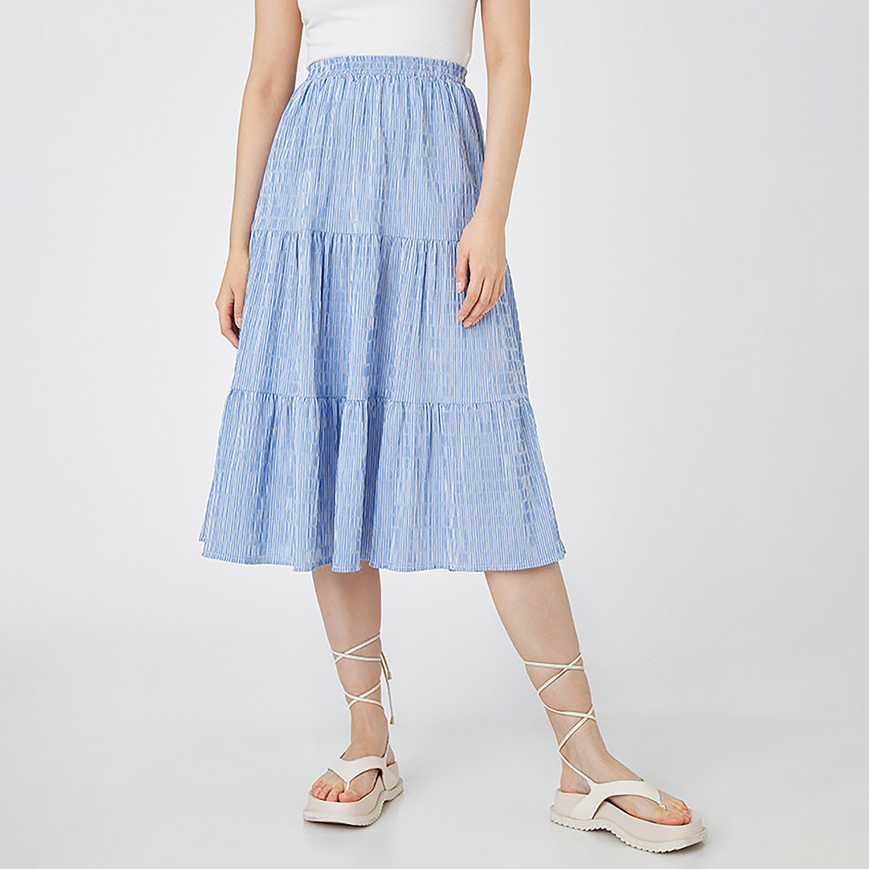 KOTON Blue Striped Tiered Women's Midi Skirt-women-clothing-skirts-image-1