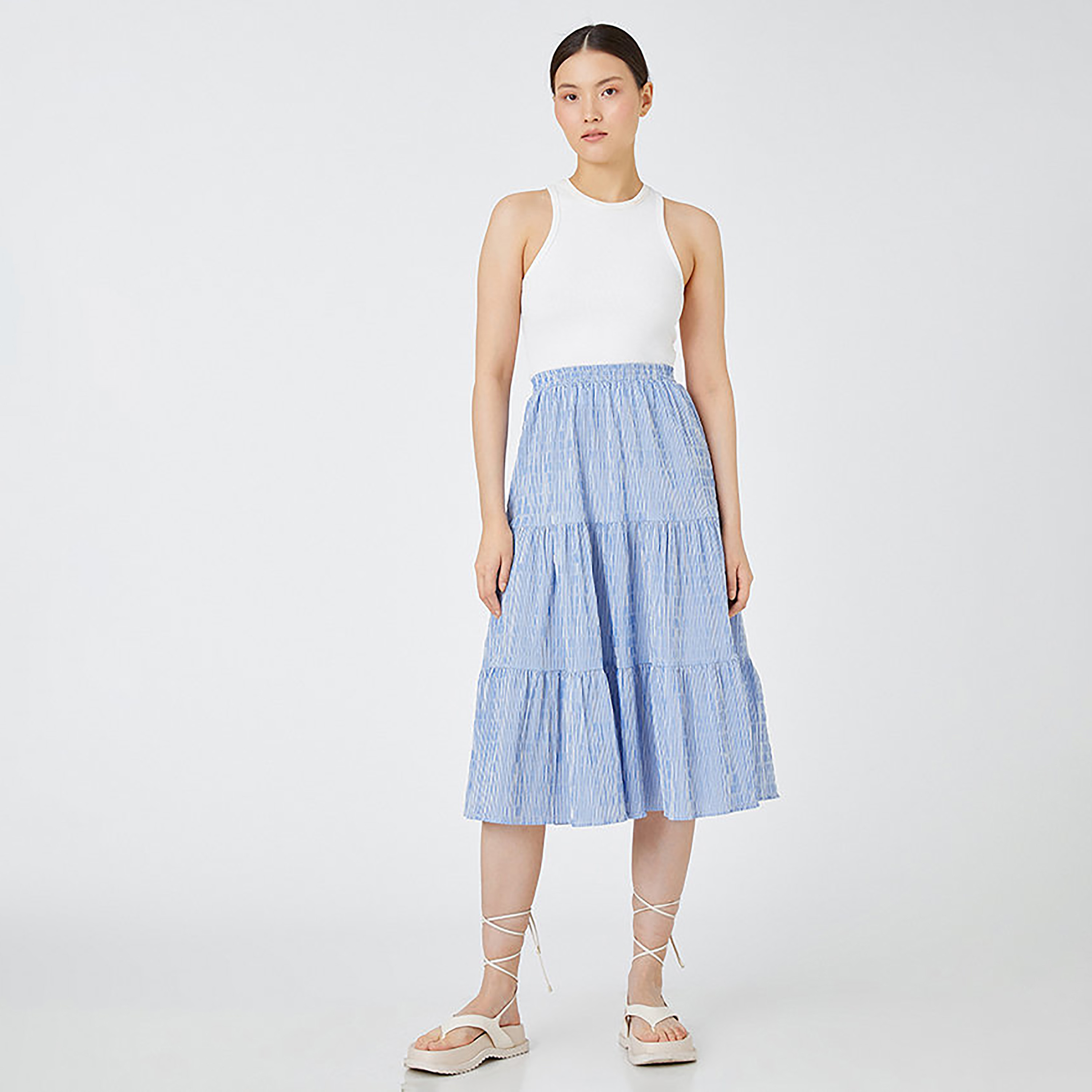 KOTON Blue Striped Tiered Women's Midi Skirt-women-clothing-skirts-image-2