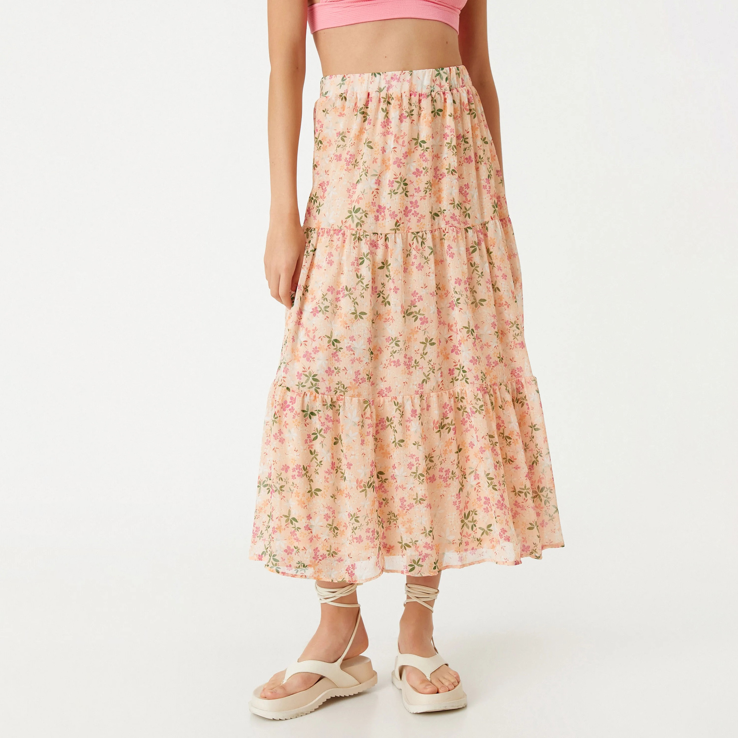 KOTON Peach Floral Print Chiffon Tiered Women's Midi Skirt-women-clothing-skirts-image-1