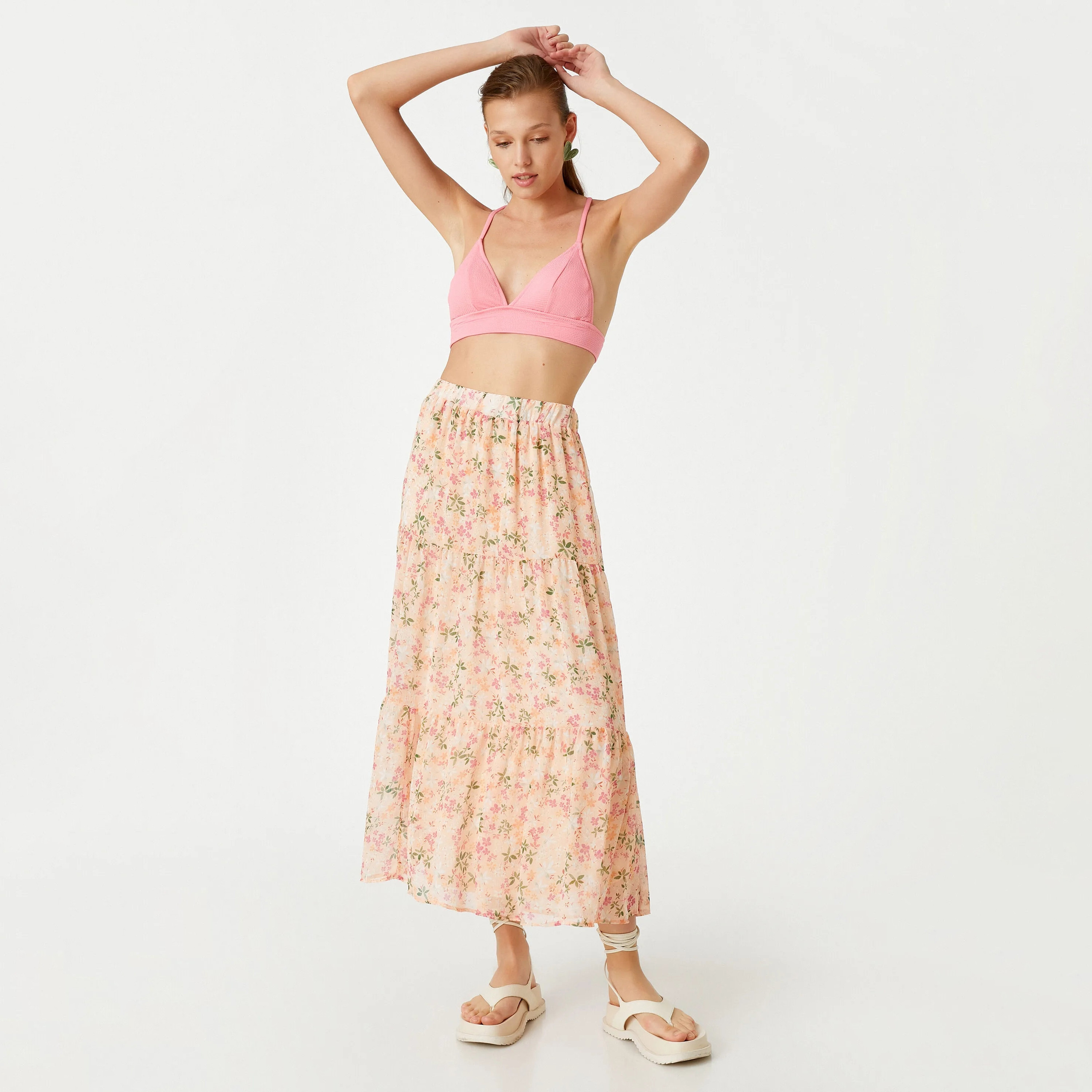 KOTON Peach Floral Print Chiffon Tiered Women's Midi Skirt-women-clothing-skirts-image-2