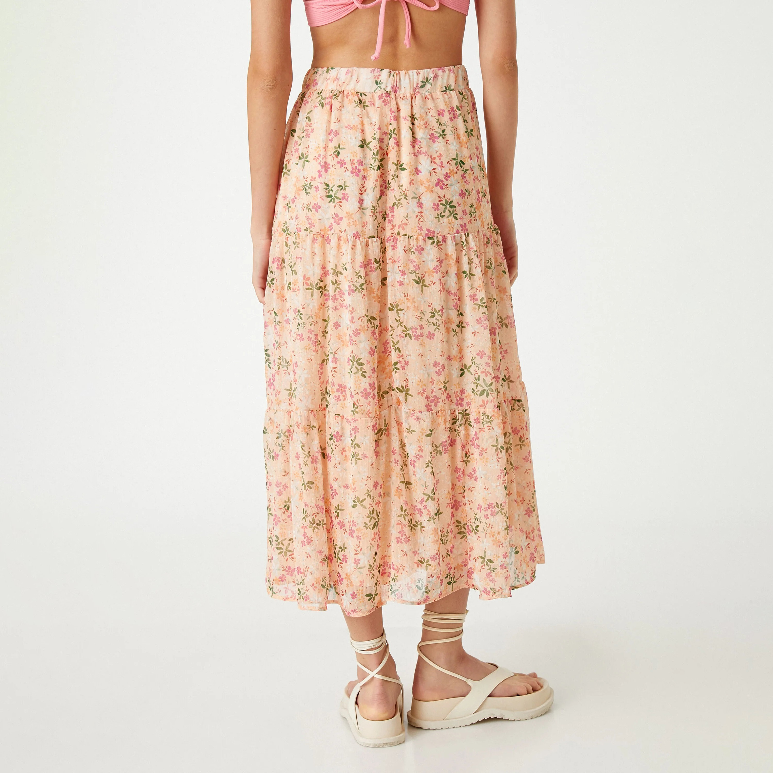 KOTON Peach Floral Print Chiffon Tiered Women's Midi Skirt-women-clothing-skirts-image-3