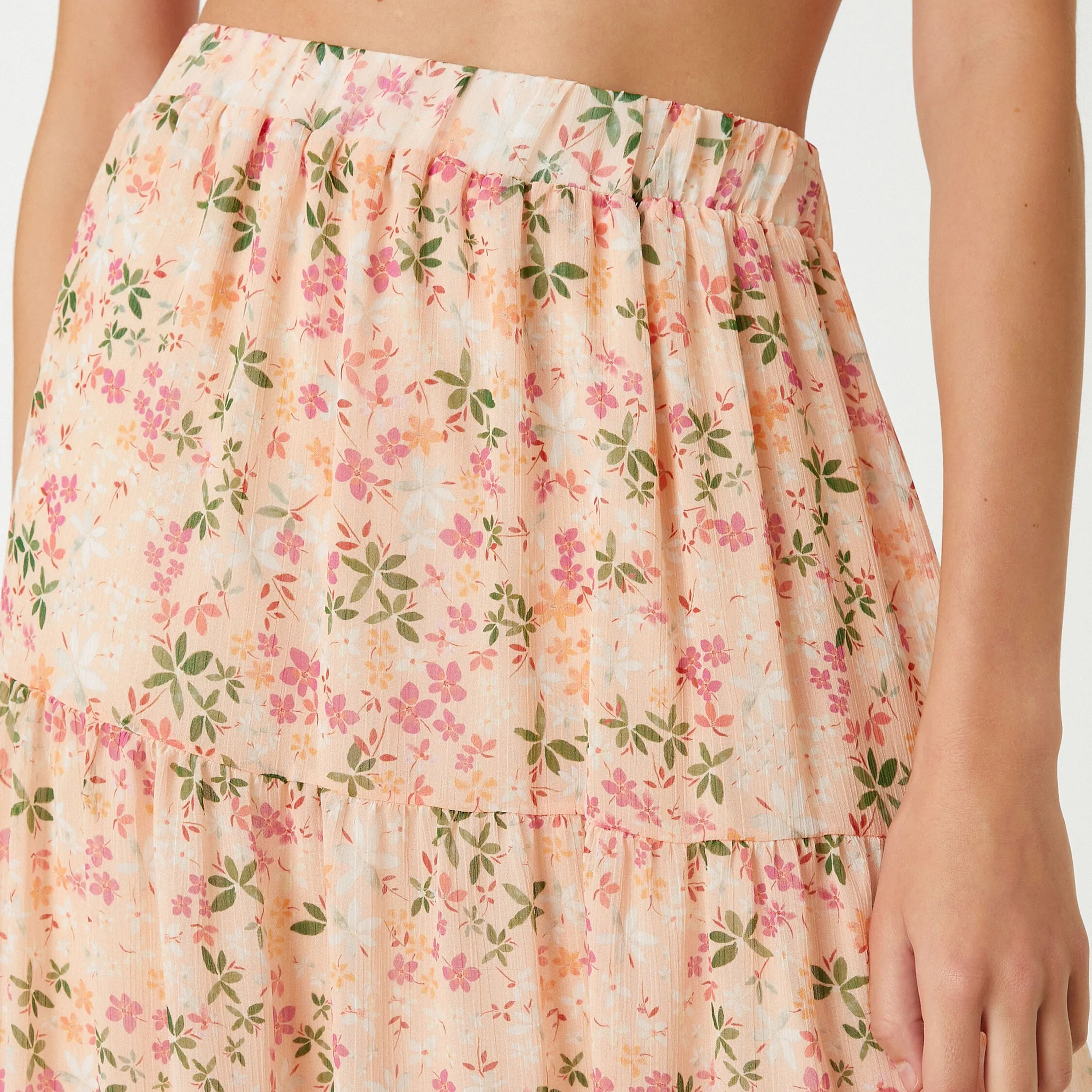 KOTON Peach Floral Print Chiffon Tiered Women's Midi Skirt-women-clothing-skirts-image-5