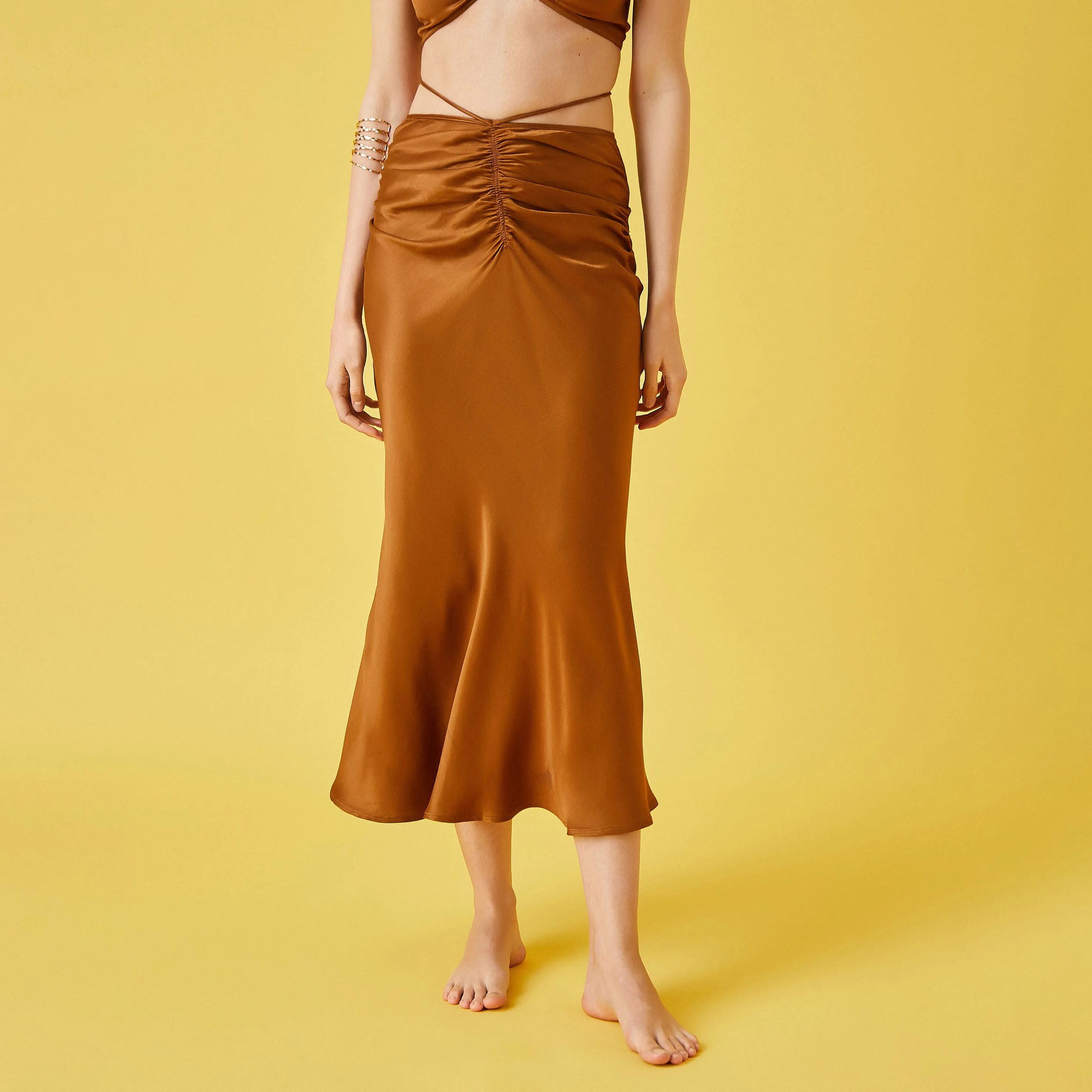 KOTON Brown Ruched Satin Slip Women's Midi Skirt-women-clothing-skirts-image-1