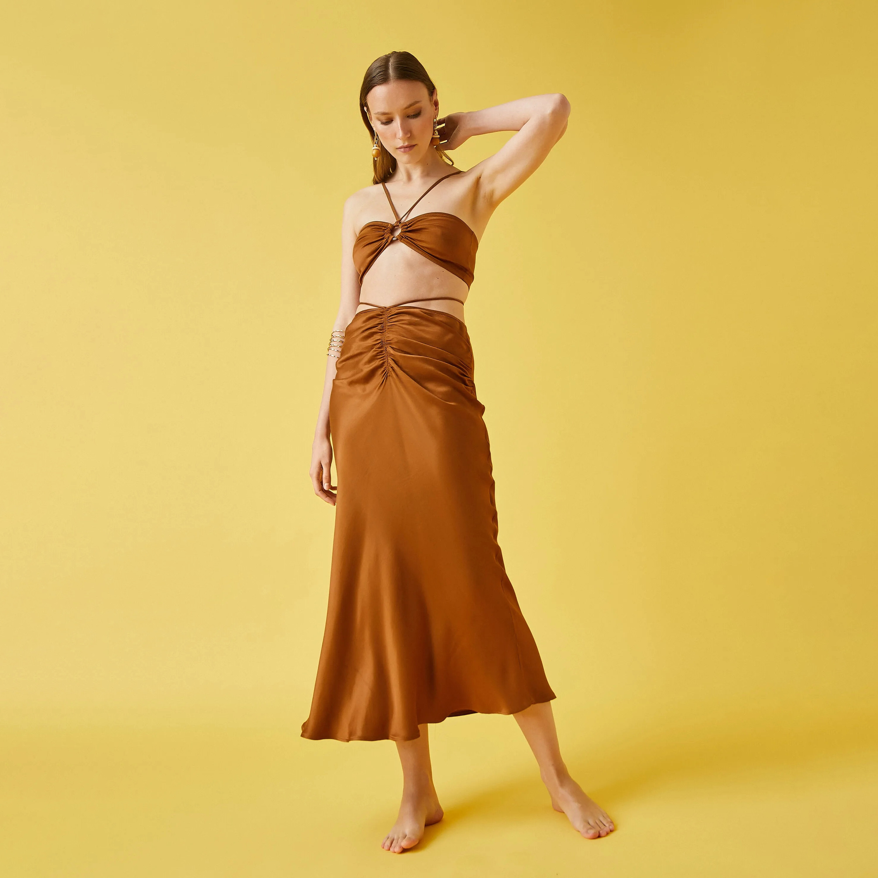 KOTON Brown Ruched Satin Slip Women's Midi Skirt-women-clothing-skirts-image-2