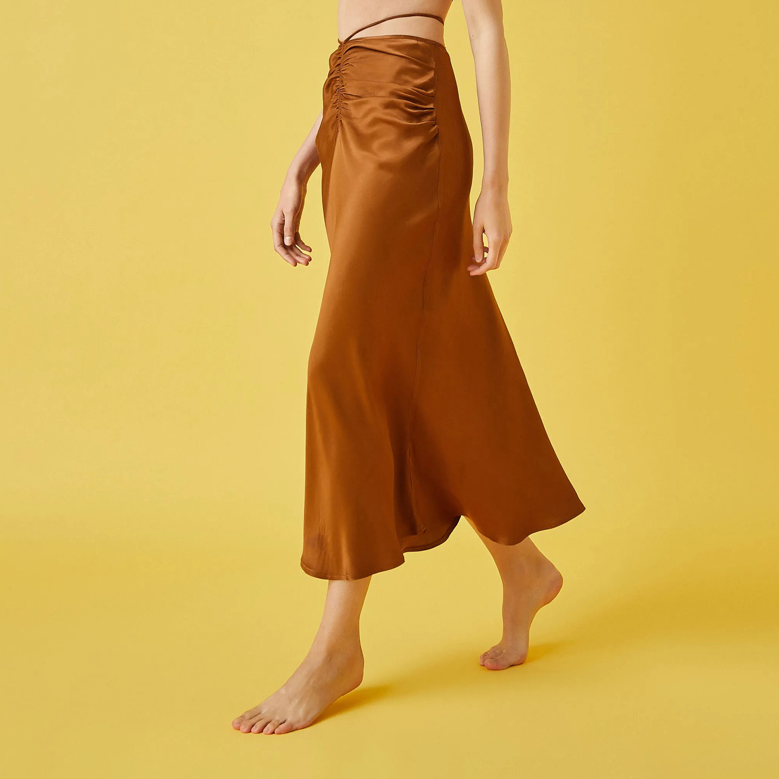 KOTON Brown Ruched Satin Slip Women's Midi Skirt-women-clothing-skirts-image-3