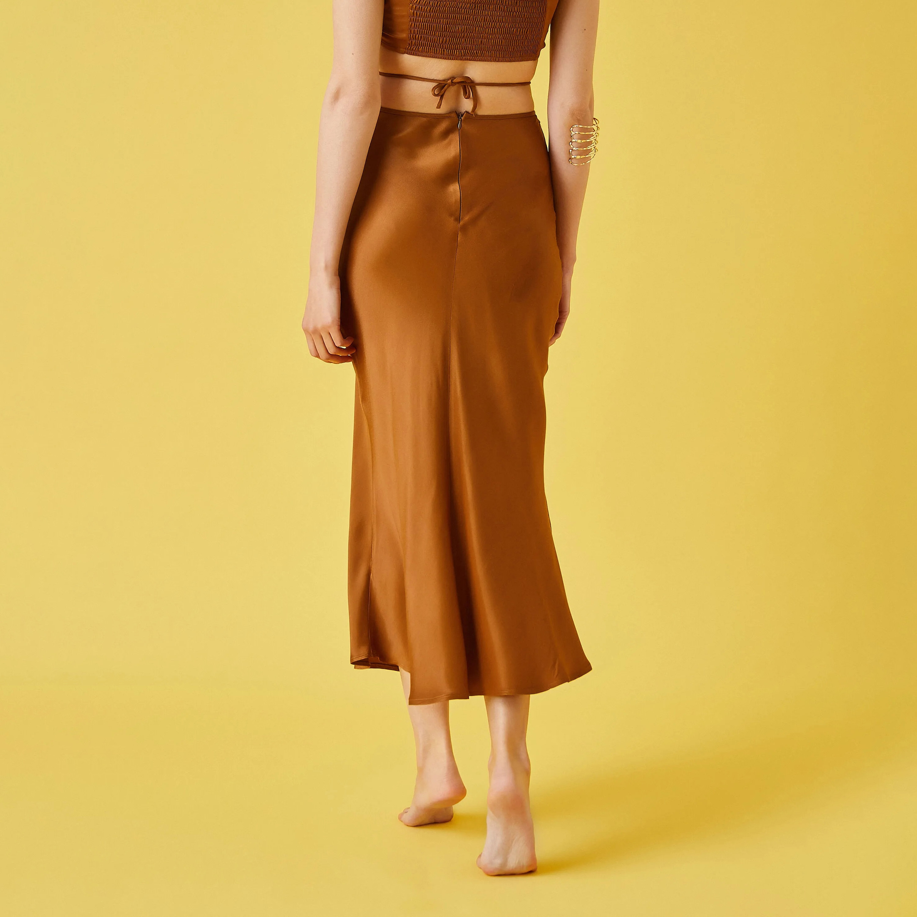KOTON Brown Ruched Satin Slip Women's Midi Skirt-women-clothing-skirts-image-4