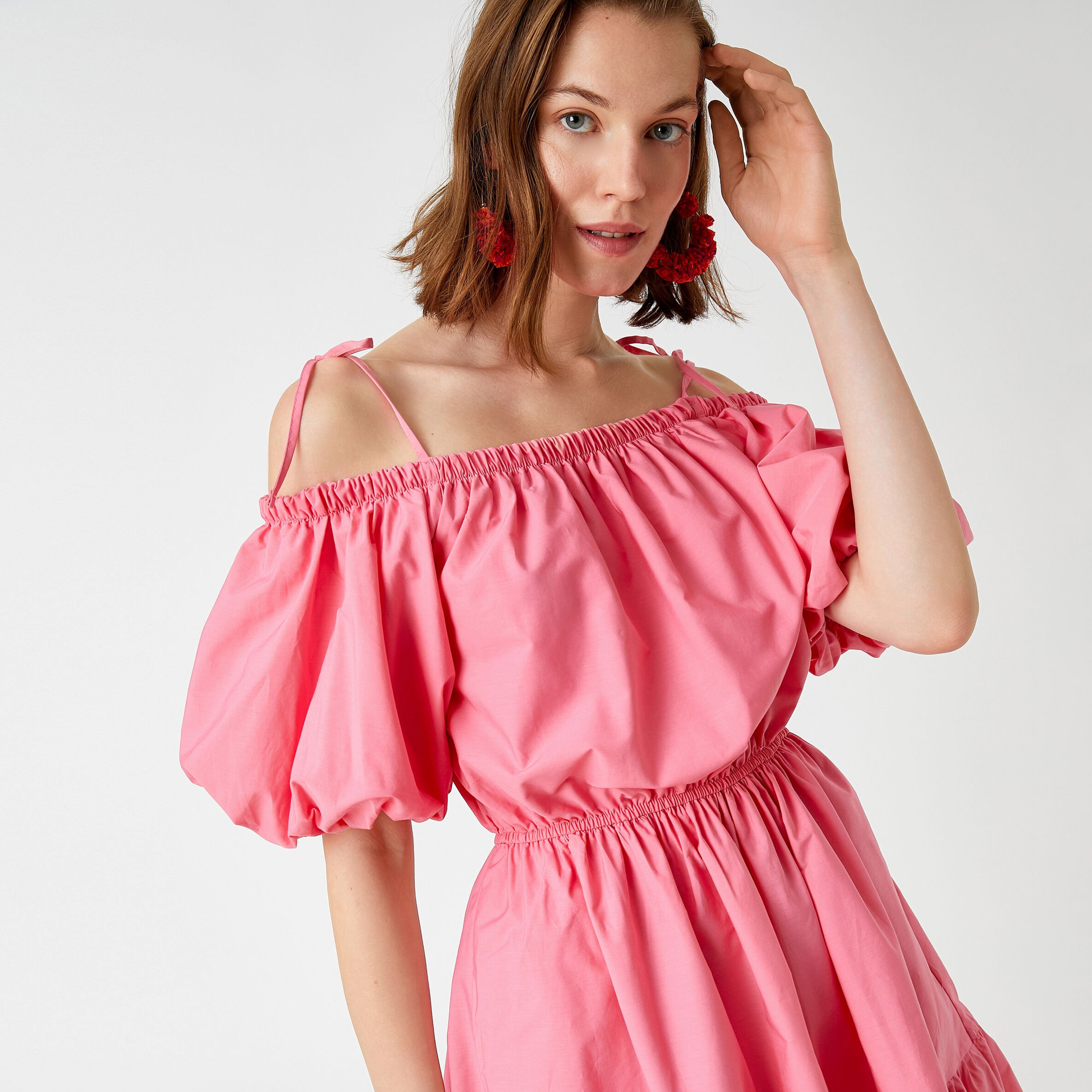 فستان ميني متعدد الطبقات بأكتاف مكشوفة وأكمام منتفخة باللون الوردي للنساء من كوتون-women-clothing-dresses-image-4