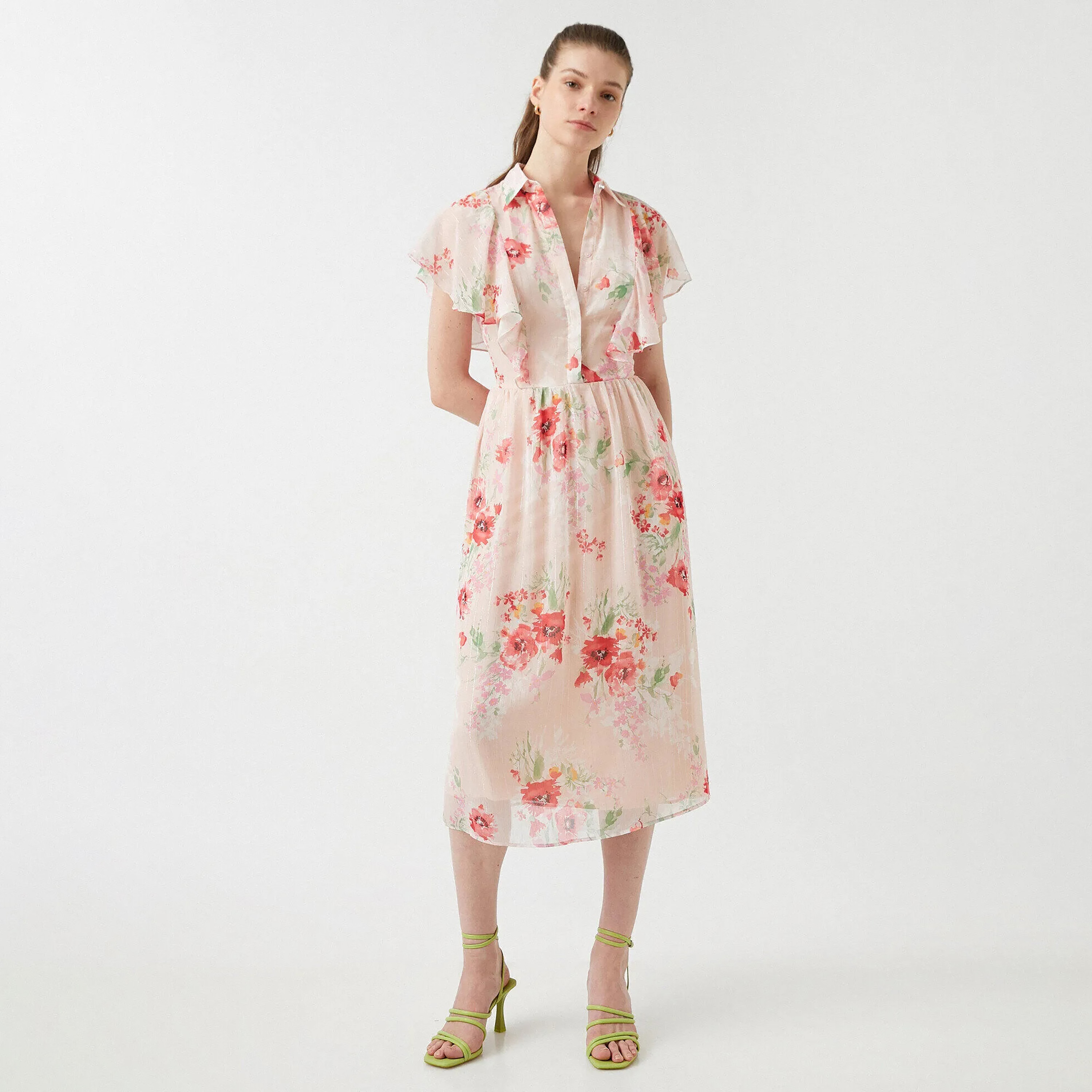 KOTON Pink Floral Print Chiffon Collared Flutter Sleeves Women's Midi Dress-women-clothing-dresses-image-1