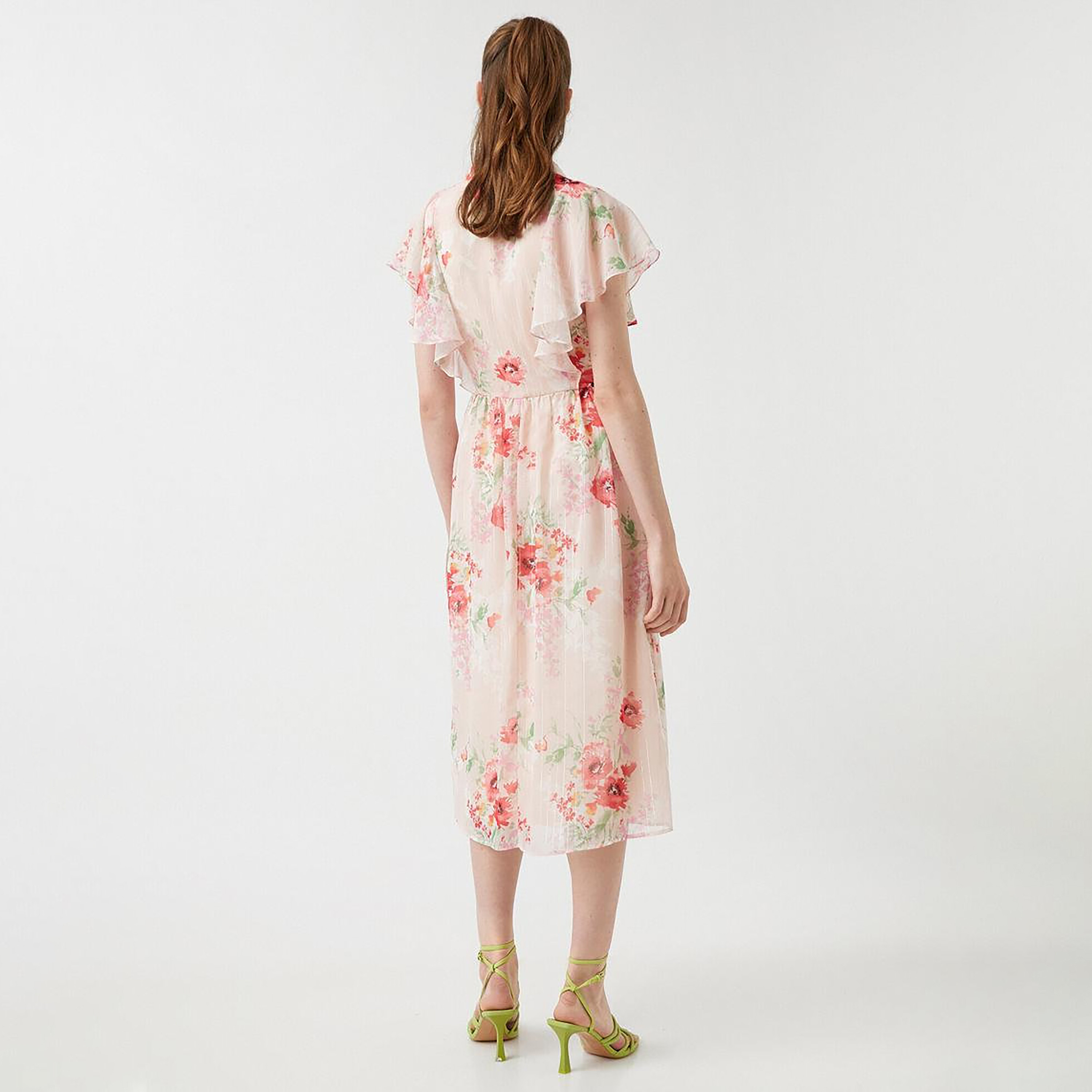 KOTON Pink Floral Print Chiffon Collared Flutter Sleeves Women's Midi Dress-women-clothing-dresses-image-3